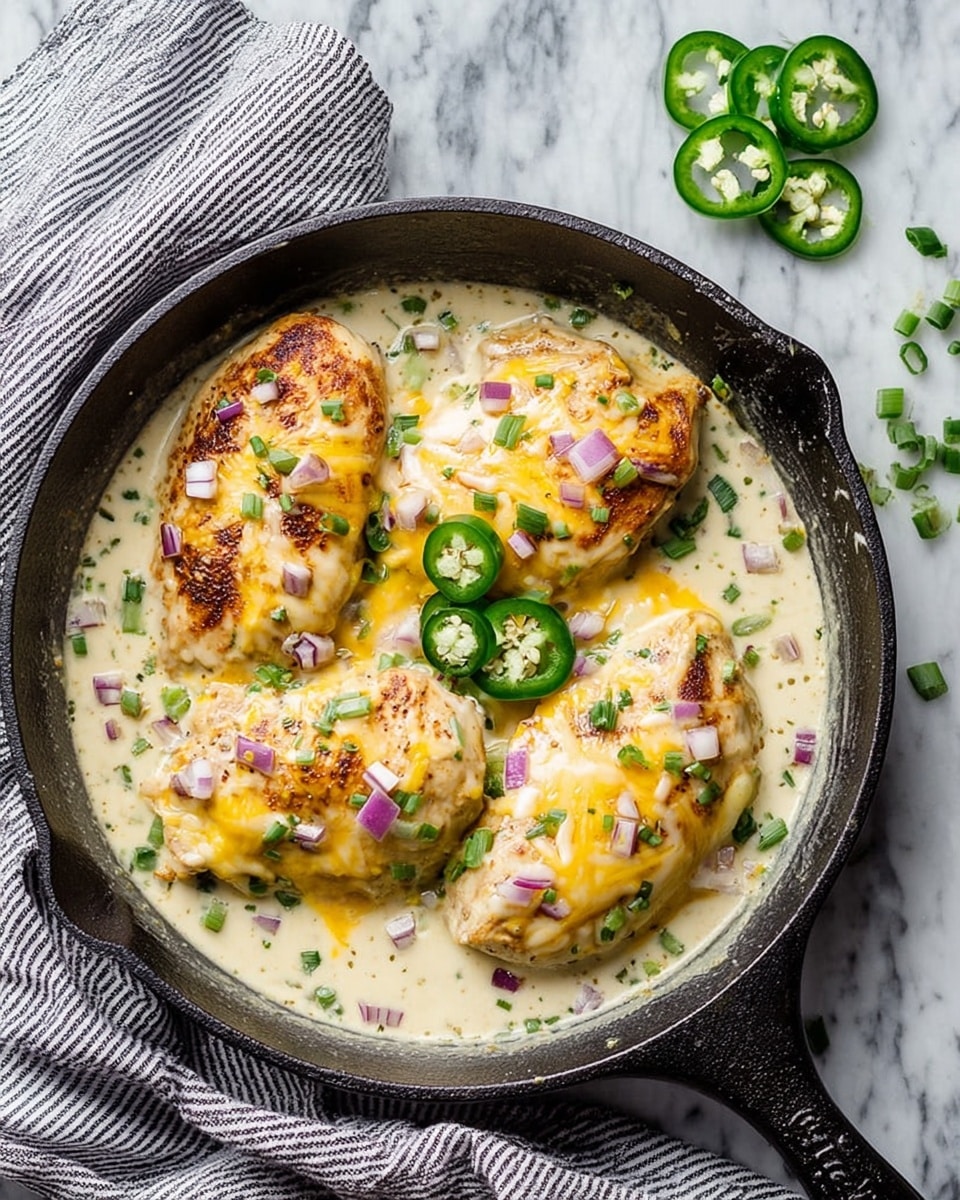 The image shows a black skillet with four pieces of cooked chicken on a white creamy sauce. Each chicken piece is covered with melted yellow and white cheese and sprinkled with small pieces of purple onion and green scallions. On top of the chicken and sauce are a few sliced green jalapenos. A striped cloth is placed next to the skillet on a white marbled surface, and some sliced jalapeno pieces are nearby. Photo taken with an iphone --ar 4:5 --v 7