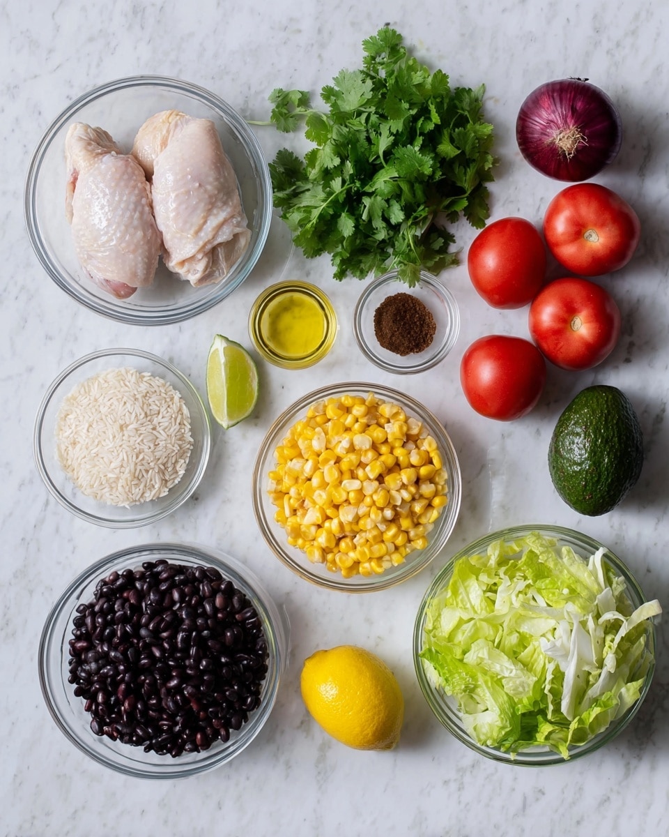 The image shows clear glass bowls and fresh ingredients laid out on a white marbled surface. Starting from the top left, a bowl contains two large pale raw chicken pieces. Next to it is a bunch of fresh green cilantro. Three whole red tomatoes and one whole dark purple onion sit to the right of the cilantro and bowls. Below the tomatoes is a bowl filled with bright yellow corn kernels, and beside it, a bowl with shiny black beans. To the lower right, there is a bowl full of shredded light and dark green lettuce. On the bottom right corner, a whole dark green avocado is placed. Near the center bottom are a lemon and a lime, both whole. To the left, a bowl contains white uncooked rice, and above it are small bowls with olive oil, a dark brown paste, and a pale seasoning. The whole scene feels fresh and organized, with clear colors and textures against the white marbled background, photo taken with an iphone --ar 4:5 --v 7