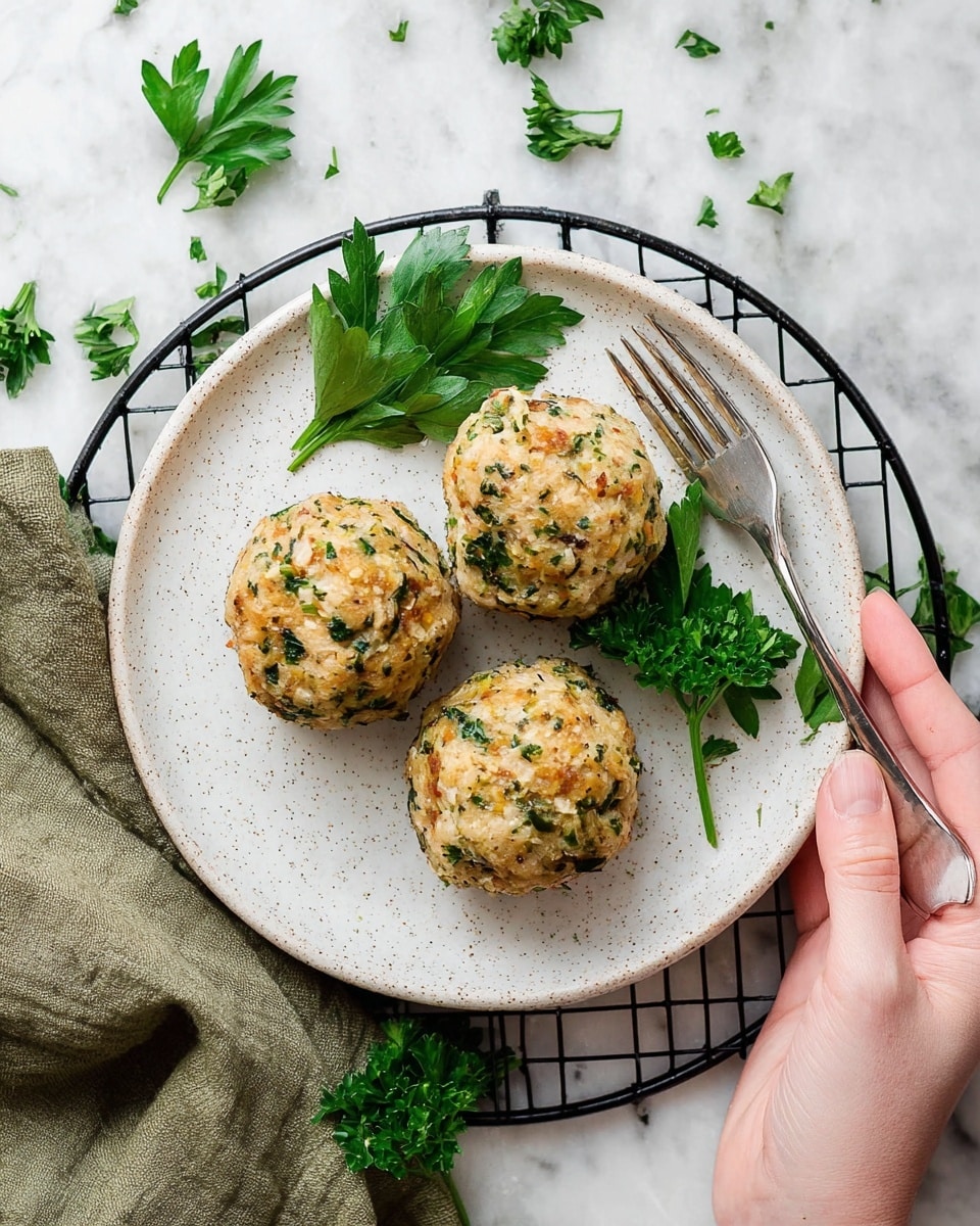 Three round, golden-brown herb meatballs with visible green parsley pieces are arranged on a white speckled plate. The meatballs have a slightly rough texture and light browning on top. Fresh green parsley leaves sit beside the meatballs, adding a vibrant contrast. A silver fork rests on the plate's right side, with a woman's hand holding the plate. The plate sits on a black wire cooling rack over a white marbled surface, with some green herbs scattered around. A soft olive green cloth is partially visible at the bottom left corner. Photo taken with an iphone --ar 4:5 --v 7