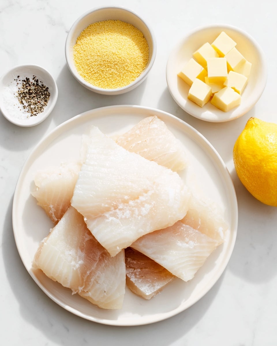 The image shows a white round plate with several pieces of raw white fish fillets stacked in a slightly overlapping way. To the left side of the plate, there are two small white bowls, one with salt and black pepper and the other with yellow cornmeal. Below these bowls, there is a small white round dish with cubes of yellow butter. On the right side of the plate, a whole yellow lemon is placed. The background surface is white marbled. The scene is simple and bright, showing fresh ingredients ready for cooking photo taken with an iphone --ar 4:5 --v 7