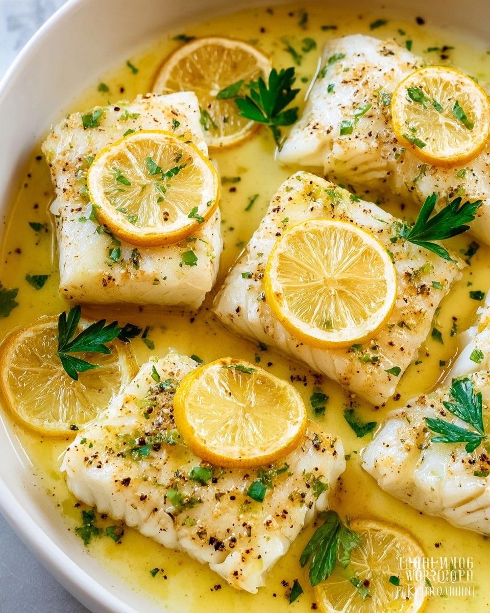 A close-up view of baked fish pieces arranged in a shallow white dish, each fillet light golden with a moist texture and slightly browned edges. The fish is covered with small green parsley flakes and cracked black pepper. Between the fish pieces are thin, bright yellow lemon slices with visible watery pulp. The dish has a gentle coating of light yellow lemon butter sauce pooling around the fish. Small sprigs of fresh green parsley lie around the fish and lemon slices, all set on a white marbled surface. Photo taken with an iphone --ar 4:5 --v 7