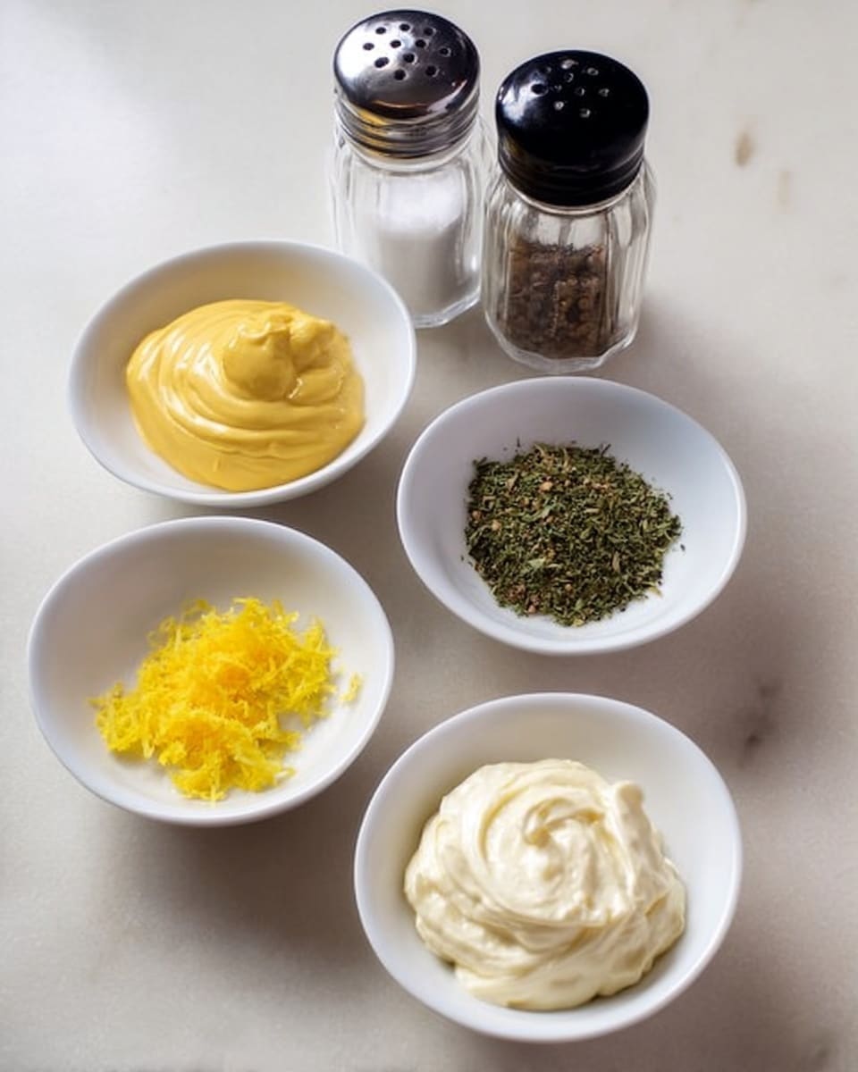 There are five small white bowls arranged in a loose circle on a white marbled surface. The top left bowl contains smooth yellow mustard with soft folds and swirls. Next to it on the right is a bowl filled with dried green herbs, finely chopped. Below that is a bowl with creamy white mayonnaise, thick and swirled. On the bottom left is a bowl with bright yellow lemon zest, finely grated. In the front center bowl is a small portion of minced yellow garlic. In the background, there are two clear shakers with black tops, one with salt and one with black pepper. photo taken with an iphone --ar 4:5 --v 7