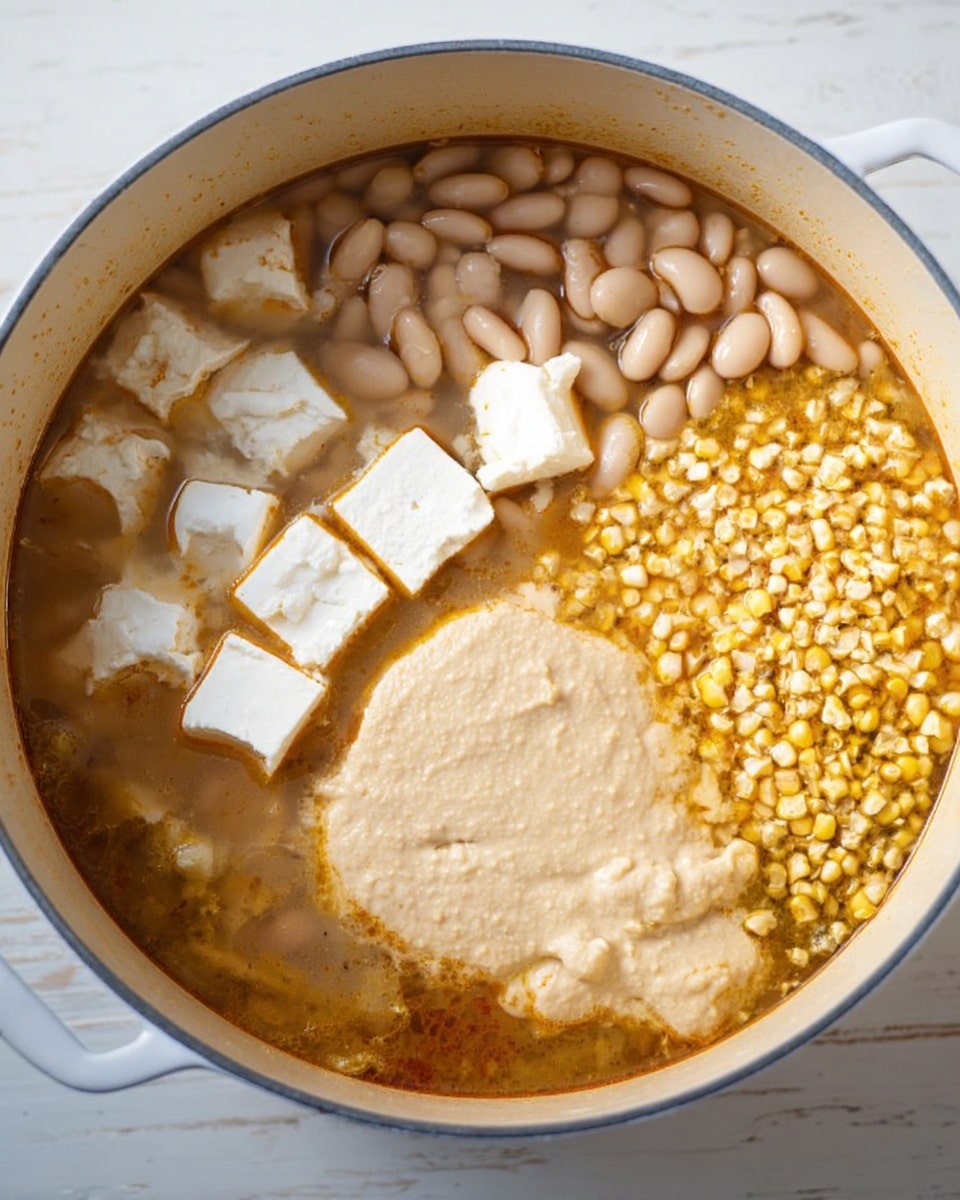 A large white pot filled with a soup-like mixture showing visible layers of ingredients; in the top left are chunks of soft white cheese, slightly melting, next to white beans that are partially submerged in a light brown broth. To the right, there is a pile of yellow corn kernels floating on the surface, and in the middle, a pale beige creamy paste rests on the broth. The inside of the pot is smooth and clean, and the pot sits on a white marbled surface. photo taken with an iphone --ar 4:5 --v 7