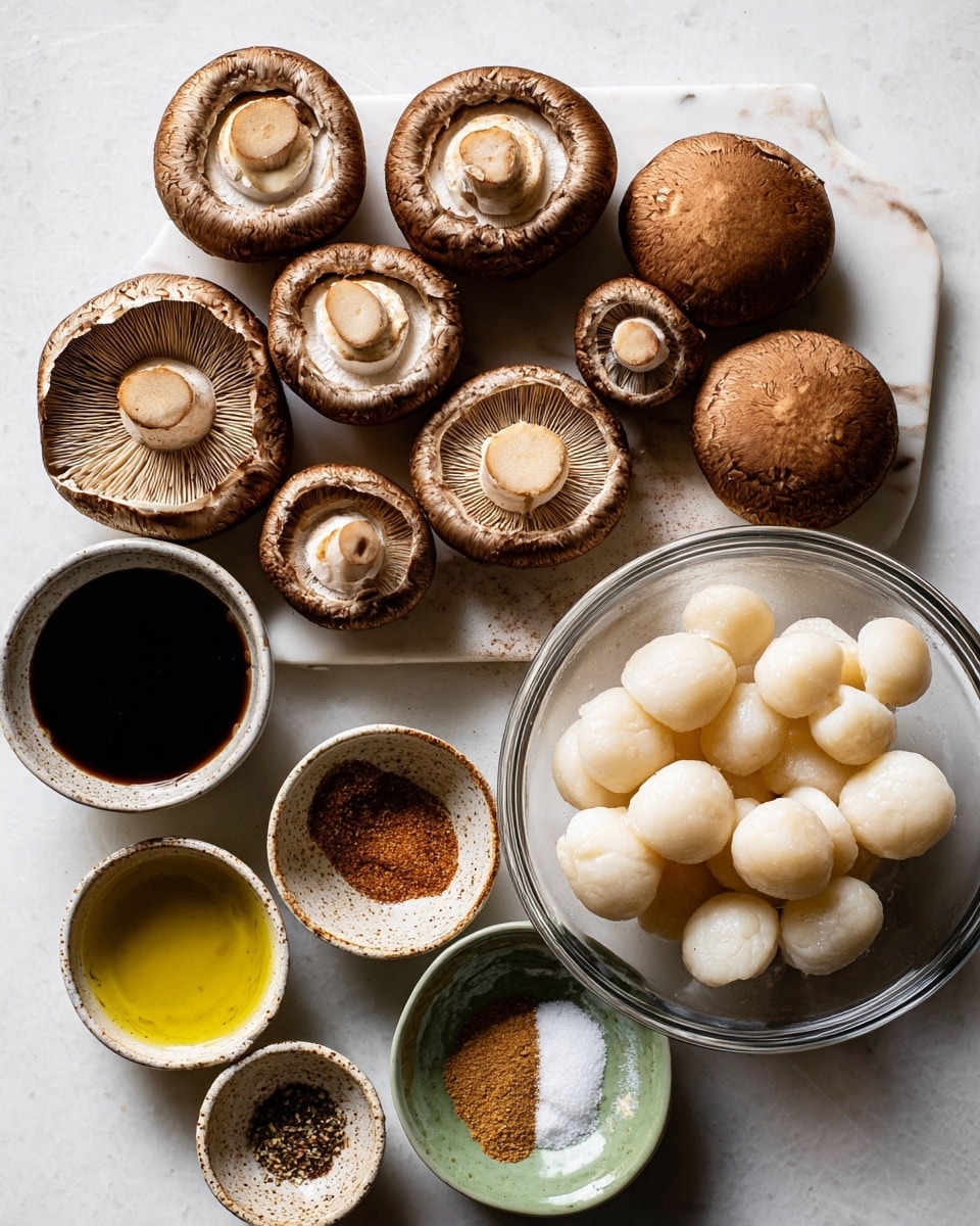 The image shows a white marbled surface with several raw brown mushrooms spread out in the top half, some facing cap up and some showing their gills. In the lower right corner, there is a clear glass bowl filled with round, white peeled water chestnuts. Along the bottom edge, there are multiple small bowls in soft earth tones and muted green, each containing different ingredients including a dark liquid, a light coarse powder, a brown spice powder, and a yellowish oil. The arrangement suggests ingredients for cooking or a recipe preparation photo. Photo taken with an iphone --ar 4:5 --v 7