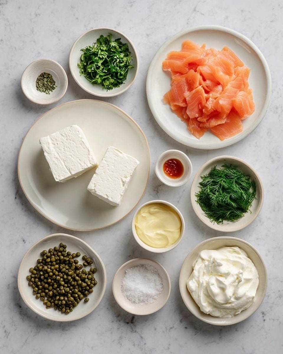 The image shows several white plates and bowls arranged on a white marbled surface, each containing different ingredients. One white plate holds two large blocks of white cream cheese, positioned one slightly overlapping the other. Another white plate displays thin slices of light orange smoked salmon spread loosely. There are six small white bowls containing various ingredients: one with finely chopped green herbs, another with small green capers, one filled with fresh dill, one holding a light yellow creamy sauce, one with a thick white cream, and two small white bowls with coarse salt and a small dollop of red sauce. The arrangement is neat and the textures range from creamy to leafy to smooth. Photo taken with an iphone --ar 4:5 --v 7