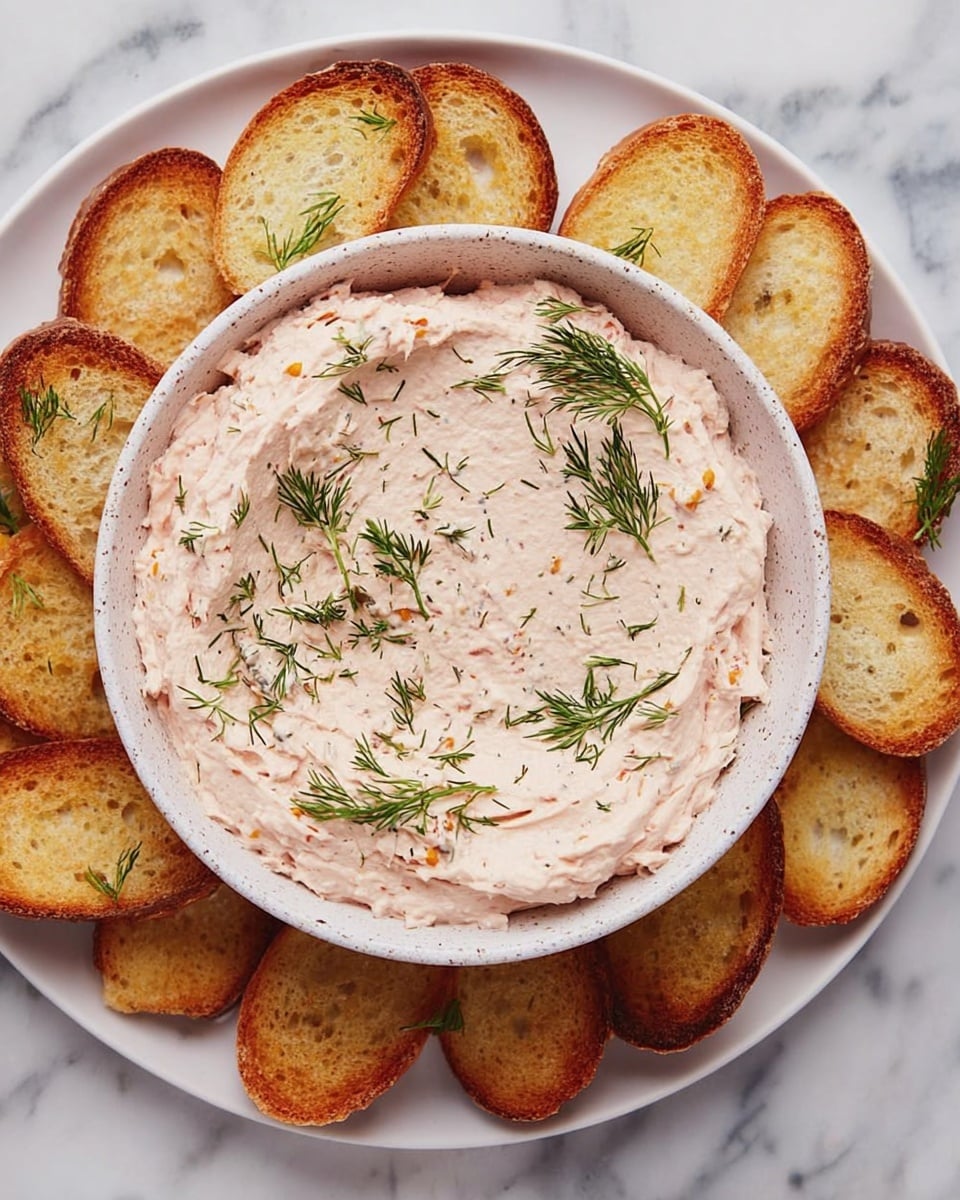 A white bowl filled with a creamy, light pink dip with small green herb pieces mixed in, topped with scattered fresh green dill sprigs. One crisp, golden toasted bread slice is dipped slightly into the dip. The bowl sits on a white plate surrounded by many golden toasted bread slices, some whole and some broken into pieces. The scene is set on a white marbled surface. photo taken with an iphone --ar 4:5 --v 7