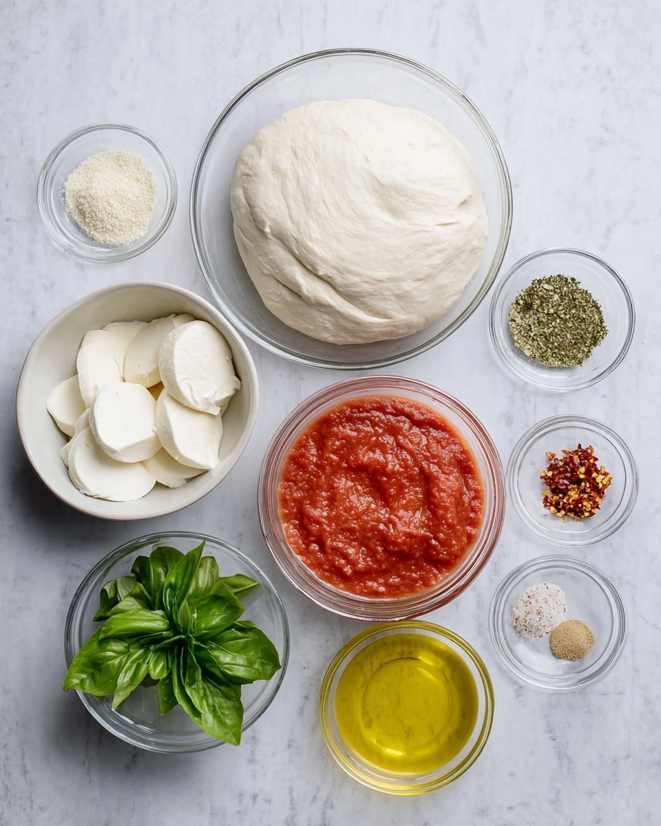 The image shows several clear glass bowls on a white marbled surface, each holding different pizza ingredients. The largest bowl in the center holds smooth, white pizza dough with soft folds. To its left is a smaller bowl with slices of white mozzarella cheese. Below that, a tiny bowl contains fresh green basil leaves with bright veins and smooth edges. Above the dough bowl, a small white bowl has three kinds of dry spices: white garlic powder, beige onion powder, and green dried herbs. To the right of it, a small clear bowl holds red chili flakes. Below that is another clear bowl filled with thick, red tomato sauce with a slightly textured surface. Lastly, at the bottom right corner, a small clear bowl contains golden yellow olive oil with smooth reflections. photo taken with an iphone --ar 4:5 --v 7
