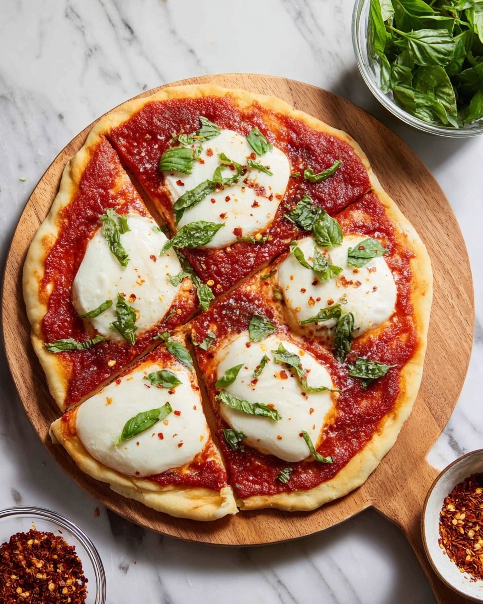 Three small pizzas are placed on a wooden board with a white marbled surface peeking from the edges. Each pizza has one layer of light golden crust, topped with a thick, smooth layer of bright red tomato sauce, followed by irregular white mozzarella cheese slices spread evenly on top. Fresh green basil leaves of different sizes are scattered over the cheese on all pizzas, with some sprinkled red pepper flakes adding small pops of dark red. Next to the pizzas are two small white bowls, one filled with extra red pepper flakes and the other with chopped fresh basil leaves. The overall scene has warm and natural tones. photo taken with an iphone --ar 4:5 --v 7