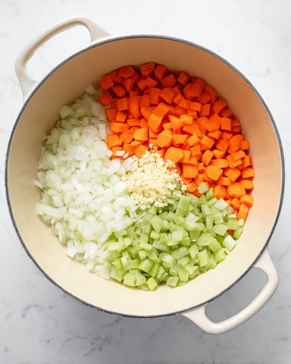 Inside a large white pot with a soft beige inside, there are four separate layers of chopped vegetables neatly placed side by side. At the top right is a pile of small bright orange carrot cubes, below it to the left is a group of bright white chopped onions with thin strips included, to the bottom left is a mound of pale green celery pieces, and near the center right, a small cluster of finely minced light beige garlic rests on top of the onions. The pot sits on a white marbled surface. Photo taken with an iphone --ar 4:5 --v 7