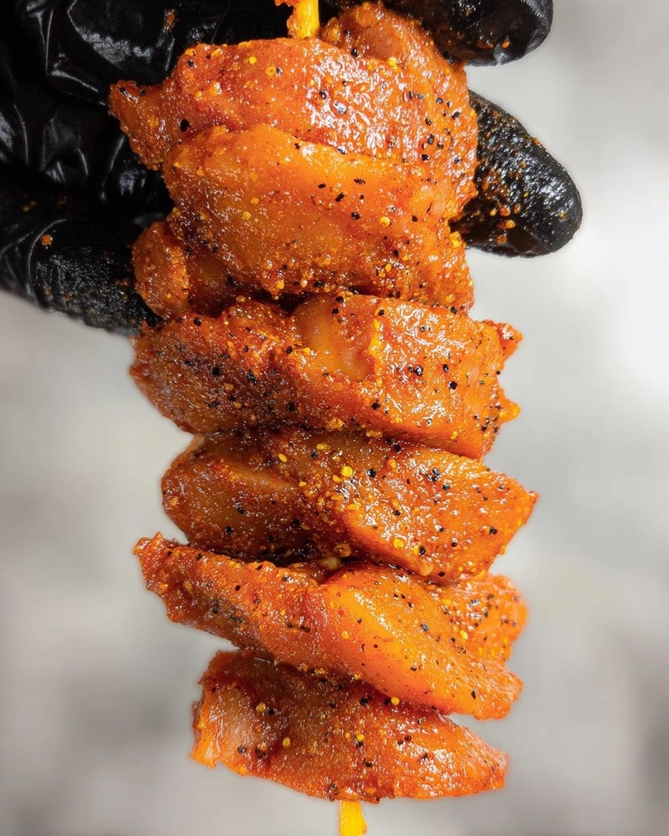 A close-up of a skewer with several layers of marinated meat, each layer thick and coated with a reddish-orange spice mix that has visible black pepper specks. The meat pieces are stacked closely on a yellow skewer, showing a textured surface with some natural shine and slight char marks. Two black gloved fingers are holding the skewer vertically against a white marbled background. The meat looks tender and juicy with a rough, seasoned crust. photo taken with an iphone --ar 4:5 --v 7
