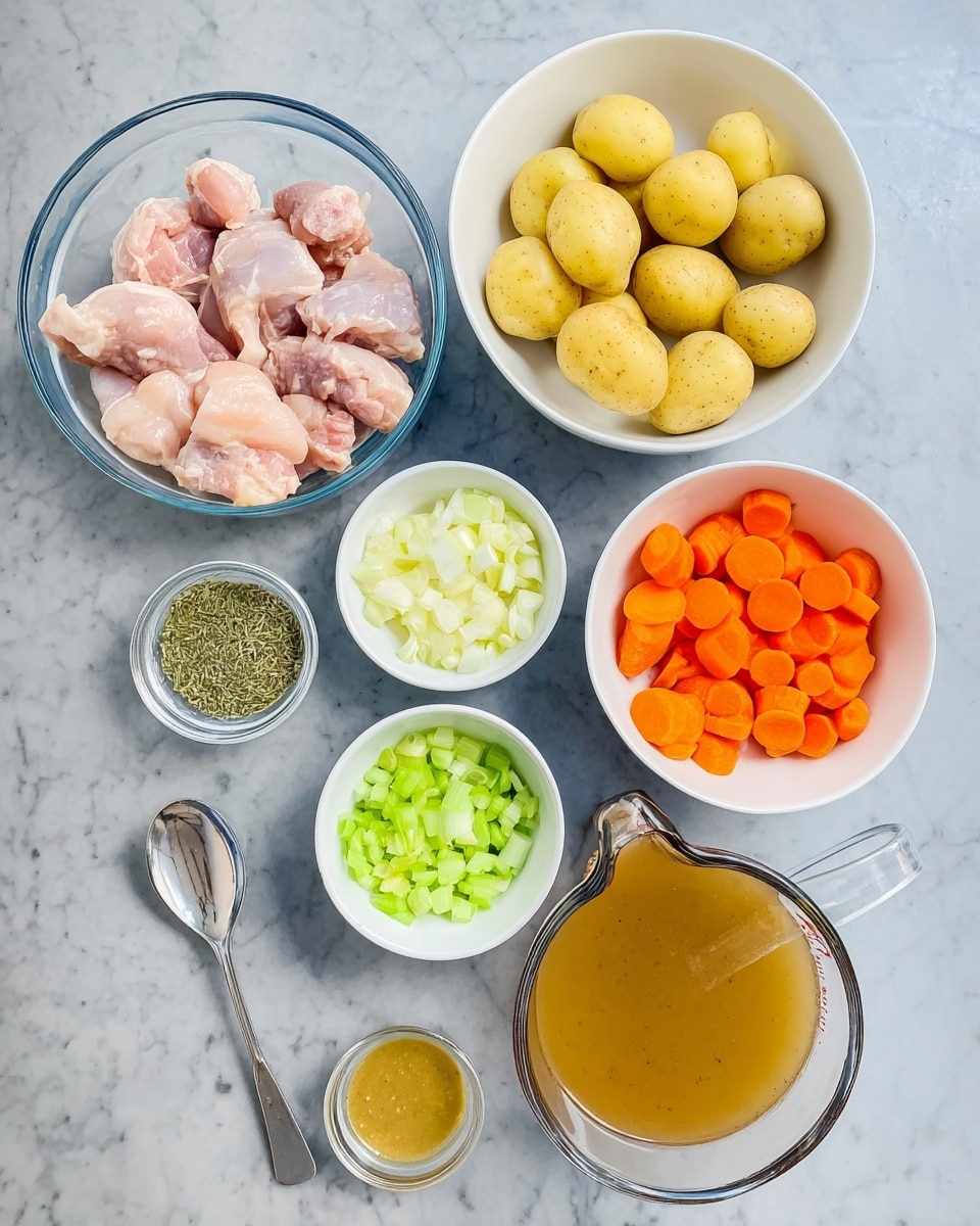 A top view of several glass and white bowls arranged on a white marbled surface. One large glass bowl in the lower left contains raw pink chicken pieces. To the right, a glass bowl filled with bright orange carrot slices. Above these, a white bowl holds small yellow potatoes. Next to it is a measuring cup filled with light brown broth. Around the center are smaller white bowls with diced white onions, chopped green celery, dried herbs, and two whole peeled garlic cloves. A spoon with light brown mustard is placed beside the bowls. The overall setup looks clean and organized, ready for cooking. photo taken with an iphone --ar 4:5 --v 7