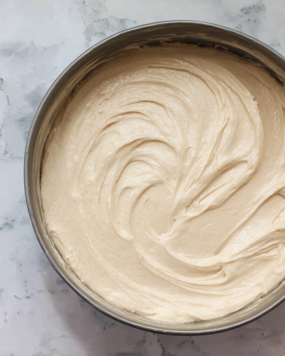 A close-up view of a single layer of pale beige cake batter spread smoothly inside a round metal cake pan with slight swirling patterns on the surface, resting on a white marbled textured background, photo taken with an iphone --ar 4:5 --v 7