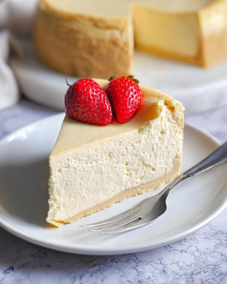 A slice of creamy cheesecake rests on a white plate with a thick, pale yellow crust forming the base and edges, topped by a smooth, pale ivory cheese layer. A generous heap of dark purple blueberries coated in a shiny, deep red sauce sits on top of the cheesecake, with some berries and sauce spilling over onto the plate, creating a vibrant contrast. The surface beneath the plate is a white marbled texture. Photo taken with an iphone --ar 4:5 --v 7