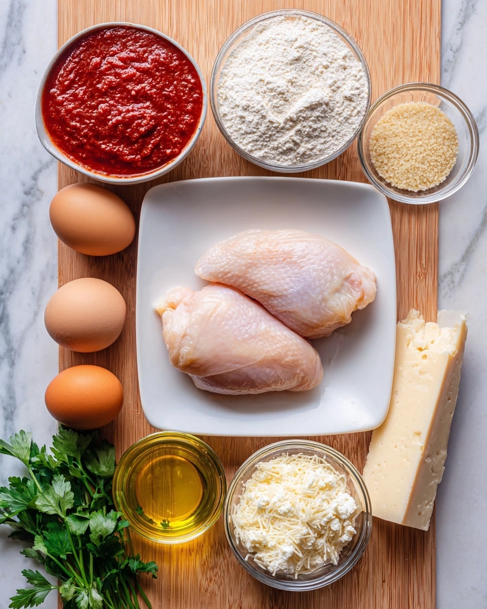 The image shows cooking ingredients neatly arranged on a wooden board with a white marbled surface underneath. At the center is a white square plate holding two raw chicken pieces, pale pink and smooth in texture. Surrounding this plate are small bowls: one with white flour, another with light tan breadcrumbs, a bowl of deep red tomato sauce with a smooth, slightly thick texture, and a bowl with creamy white cheese. There are two brown eggs near the cheese, a small glass cup with golden olive oil, a wedge of pale yellow cheese, and fresh green parsley sprigs adding a splash of color. Everything is cleanly placed and ready for cooking, photo taken with an iphone --ar 4:5 --v 7