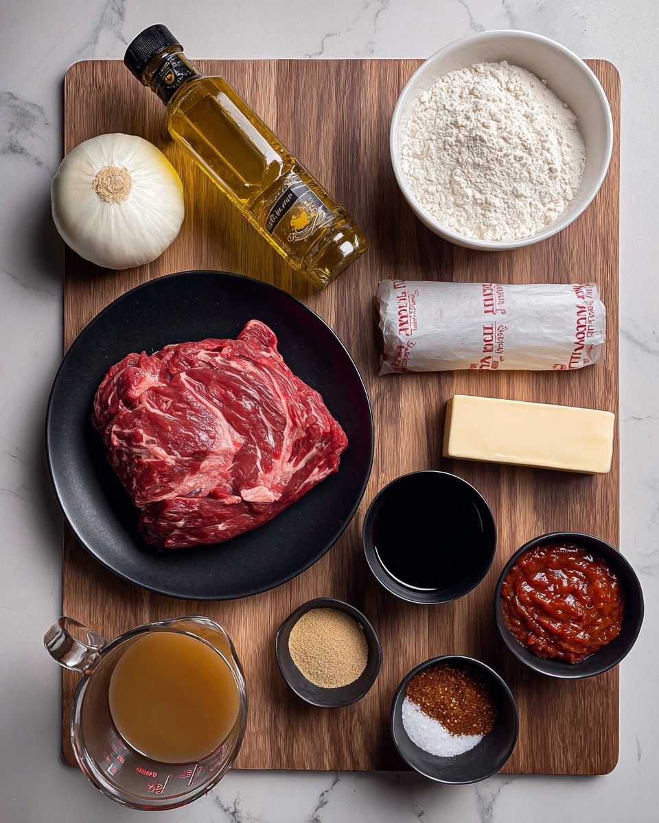 On a wooden cutting board with a white marbled textured background, there is a black plate holding a raw red marbled piece of beef with fat streaks. To the top left, a whole white onion sits next to a bottle of yellow oil with a black cap. Below the onion, a white bowl contains white flour. To the right side, a whole garlic bulb is placed near a stick of butter wrapped in paper with red letters. Above the garlic, there is a black bowl filled with red tomato paste, followed by a small metal cup of dark soy sauce, a black bowl with light brown sugar, and another black bowl with red chili flakes. At the bottom left, a clear glass measuring cup holds light brown broth. Photo taken with an iphone --ar 4:5 --v 7