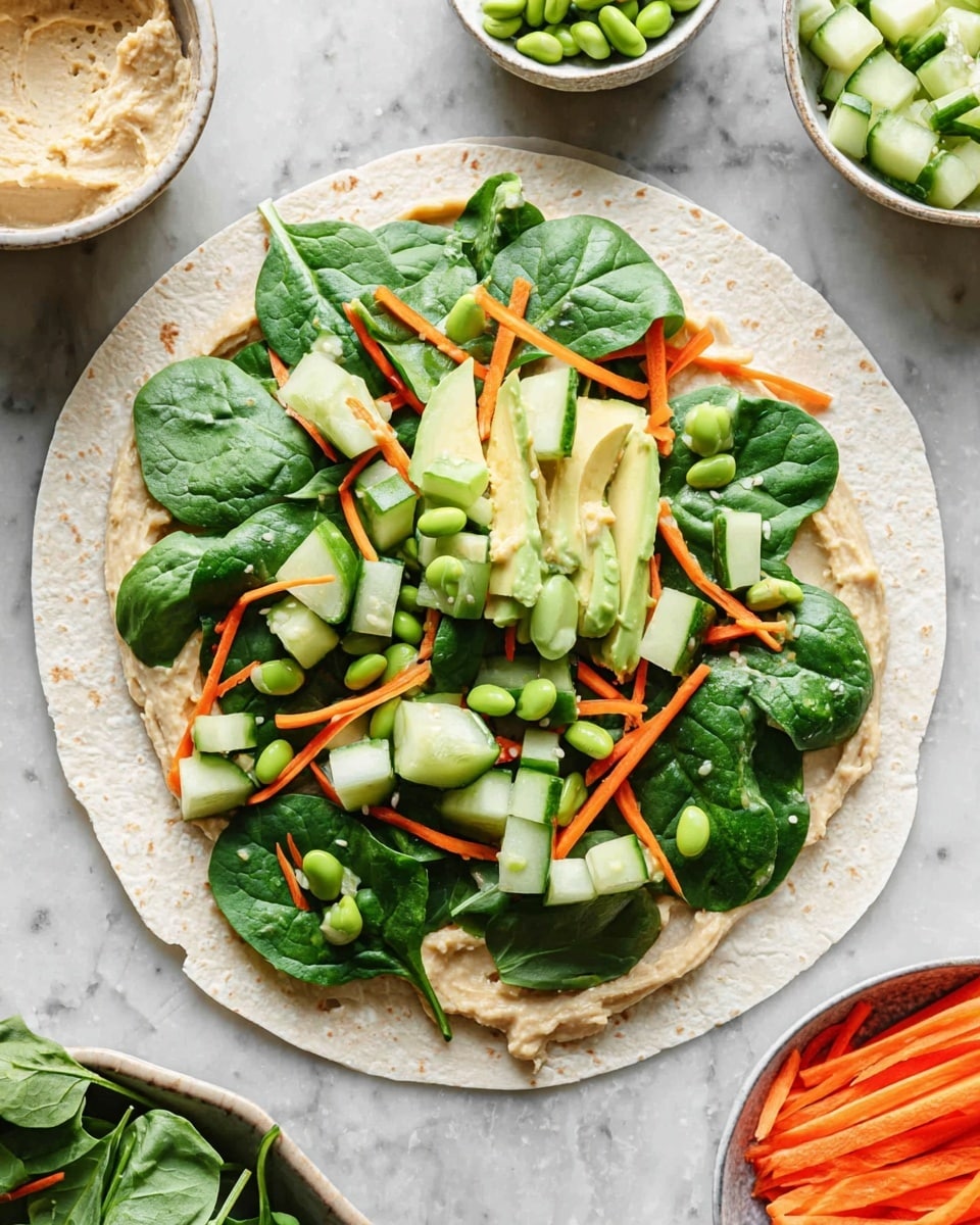 A white flat tortilla spread with a smooth beige hummus layer covering the entire surface, topped with fresh green spinach leaves placed mostly around the edges and center, followed by diced light green cucumber cubes, bright orange shredded carrots, and pale green edamame beans scattered all over. Sliced avocado with a creamy green color is laid on top near the center. The wrap is on a white marbled surface with bowls containing extra hummus and salad ingredients visible around it. Photo taken with an iphone --ar 4:5 --v 7