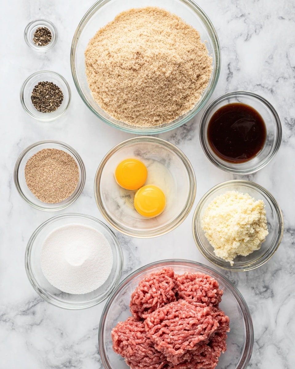 The image shows seven clear glass bowls arranged on a white marbled surface. One bowl, positioned at the bottom right, contains raw ground meat in a pinkish-red color with a soft, slightly stringy texture. To its left is a bowl filled with light brown breadcrumbs that have a crumbly texture. Above these two bowls is a larger bowl filled with a pale yellow flour mixture that looks powdery. To the left of this bowl is a smaller bowl with two raw eggs, showing bright yellow yolks and clear whites. Above the eggs is a small bowl with a thick dark brown sauce. Nearby, there is a bowl with a white granular substance, likely salt. At the top right is a bowl with a clump of pale yellow minced or crushed garlic. Finally, a tiny bowl containing coarse black pepper is at the top left. The bowls are neatly spaced out, and the scene has a clean, organized feel. Photo taken with an iphone --ar 4:5 --v 7