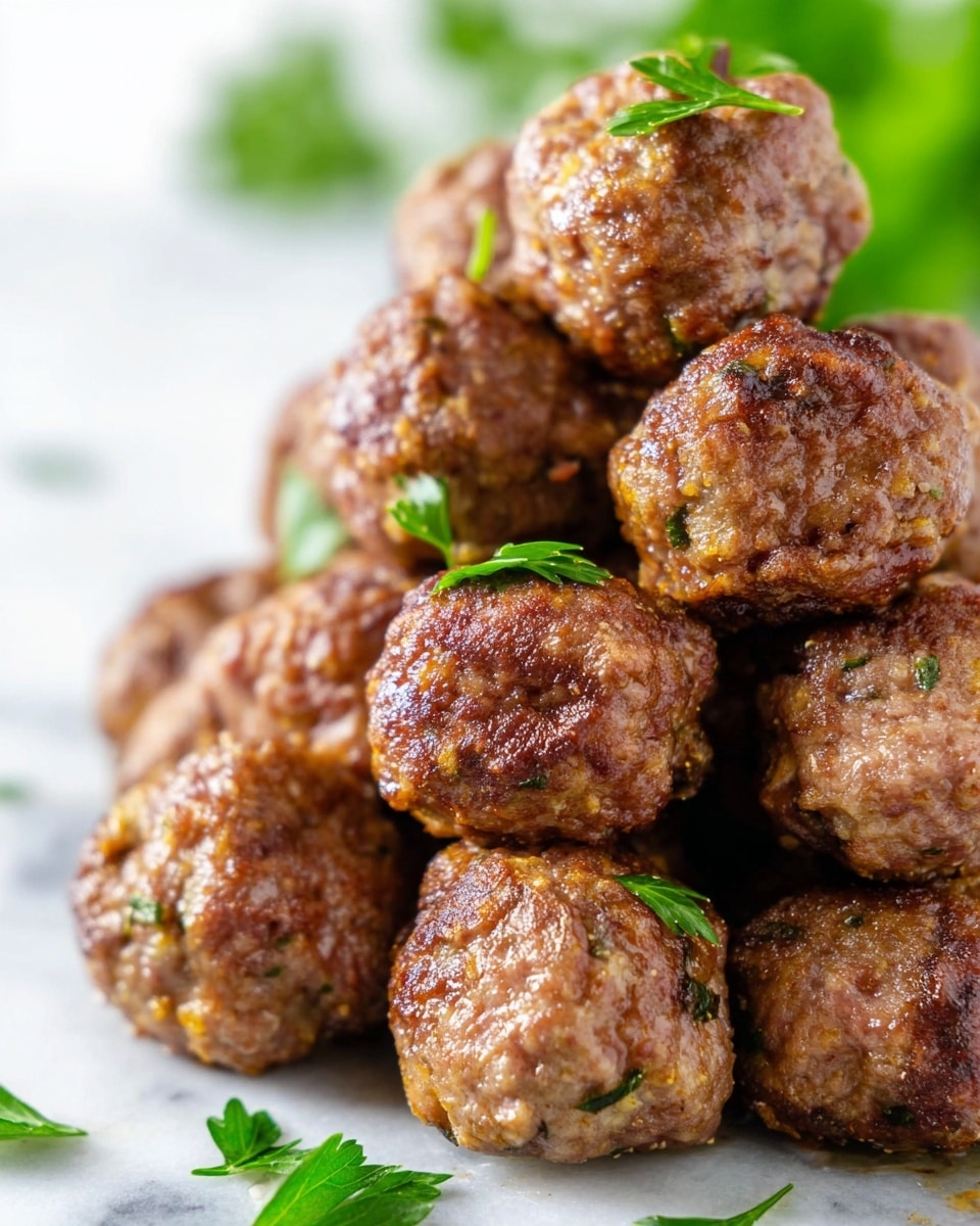 A close-up image of a pile of cooked meatballs stacked together, each meatball showing a rough, brown surface with some tiny green herb pieces visible. The meatballs have a slightly uneven texture with golden brown spots and crumbs on the outside. Small green parsley leaves are scattered on top and around the meatballs, adding a touch of freshness. The background features a soft white marbled texture with some green blurred leaves adding depth and contrast. photo taken with an iphone --ar 4:5 --v 7