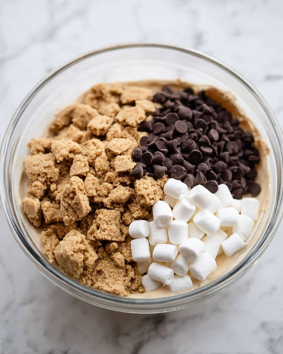A clear glass bowl sits on a white marbled surface, filled with three distinct layers of ingredients. On the left, there are broken light brown cookie pieces with a rough, crumbly texture. On the top right, there is a layer of small, round, dark brown chocolate chips. Below the chocolate chips, near the right edge, is a cluster of tiny white marshmallows, smooth and soft-looking. Underneath all these toppings is a thick, beige creamy base spread evenly across the bowl. Photo taken with an iphone --ar 4:5 --v 7