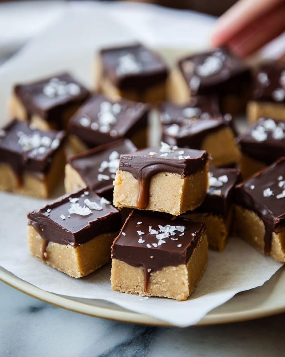 The image shows many small square pieces of a light beige dessert arranged closely together on white parchment paper in a white plate. Each piece has a smooth, thick dark brown chocolate layer on top that slightly drips down the sides. Some pieces have small white flakes sprinkled on the chocolate. The white plate rests on a white marbled surface, and a woman's hand is reaching in from the right side toward the pieces. The scene is bright and clear, showing the soft texture of the dessert base and the shiny, smooth chocolate topping. photo taken with an iphone --ar 4:5 --v 7