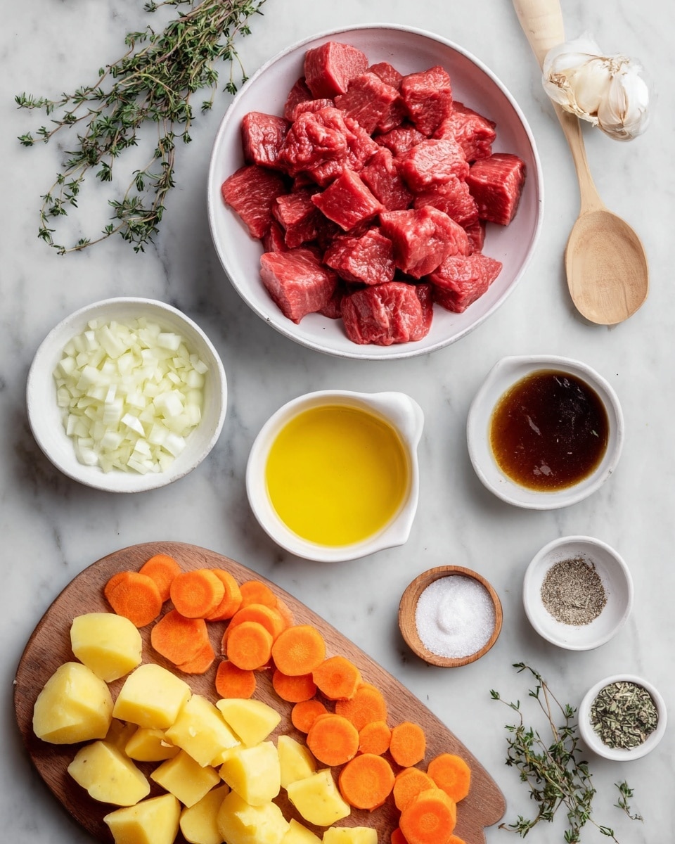 The image shows a collection of cooking ingredients arranged neatly on a white marbled surface. In the center, there is a white bowl filled with bright red, cubed raw meat. To the right, diced yellow potatoes and round, sliced orange carrots are placed on a wooden board. Around the main bowl, there are small white bowls holding chopped white onions, a dark brown liquid, flour, and a red paste. Another white bowl contains light yellow oil. Also visible are a small bowl of black pepper, a bowl of light brown broth, a bowl of coarse salt, a whole garlic bulb, and some fresh thyme sprigs scattered around. A wooden spoon holds the potatoes and carrots, and a woman's hand is not shown interacting with the recipe items. The photo taken with an iphone --ar 4:5 --v 7