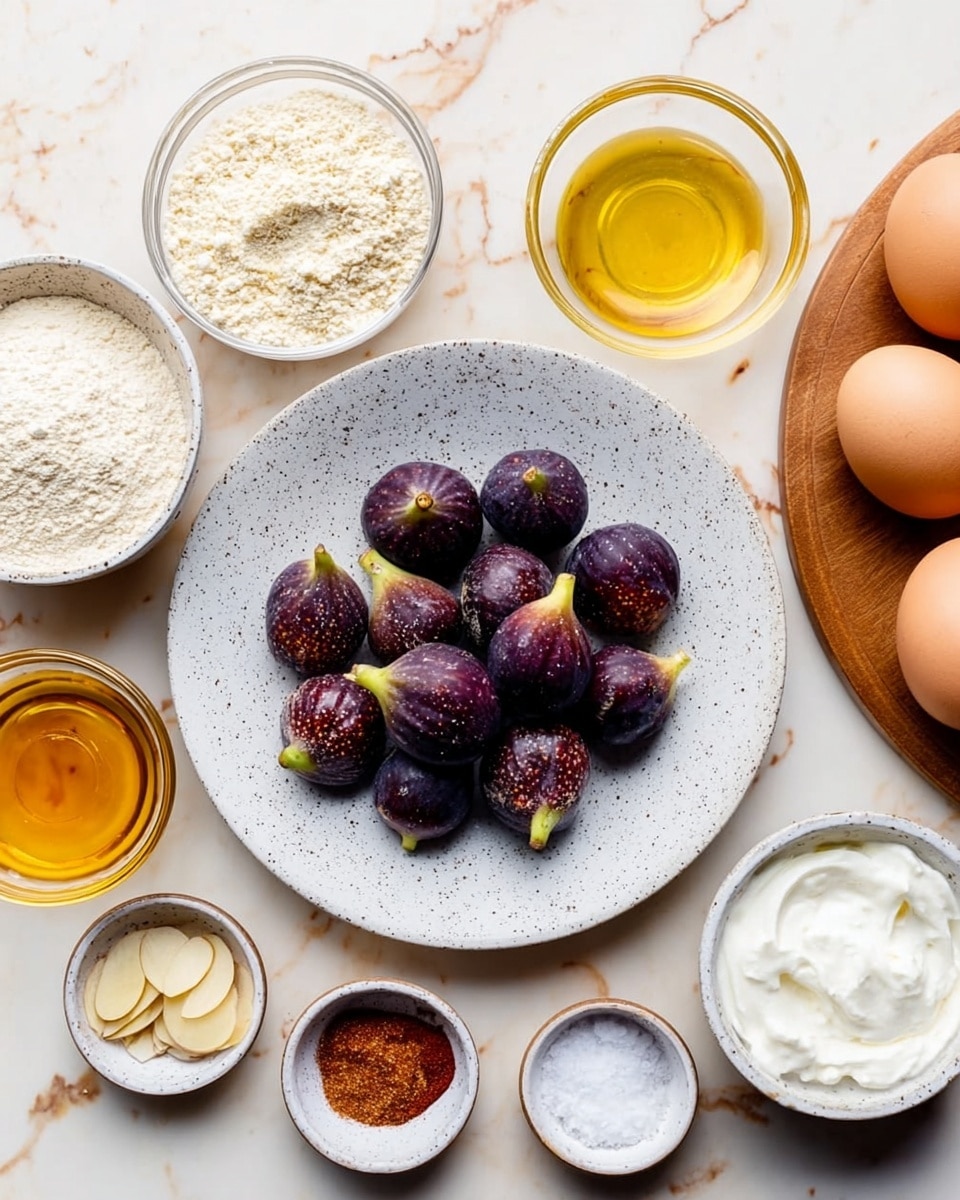 A white speckled plate sits in the center filled with about a dozen small, round, dark purple figs with some green stems showing, arranged in a small pile. Around the plate are several small white bowls on a white marbled surface, holding ingredients such as light beige almond flour, thin pale almond slices, white flour, and brown powder spices. A clear glass bowl of amber honey and another of golden yellow oil are nearby. On the right, a round wooden board holds two brown eggs, a small white bowl with thick white yogurt, and tiny bowls with white salt and white sugar. Photo taken with an iphone --ar 4:5 --v 7