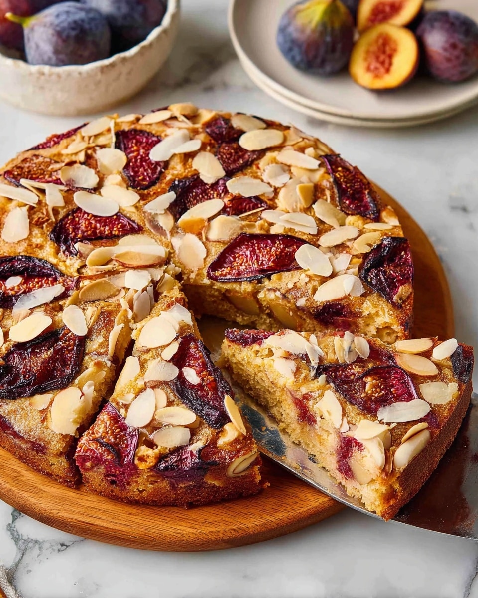 The image shows a round cake on a wooden board with one slice being lifted by a metal spatula. The cake has one visible layer that is golden brown and studded with dark red slices of fruit, likely plums or figs, and topped generously with thin, light-colored almond slices. The cake looks moist and has a textured surface with fruit pieces partially embedded. In the background, a white marbled surface is visible along with a white bowl and a white plate holding whole and halved fruits. Photo taken with an iphone --ar 4:5 --v 7