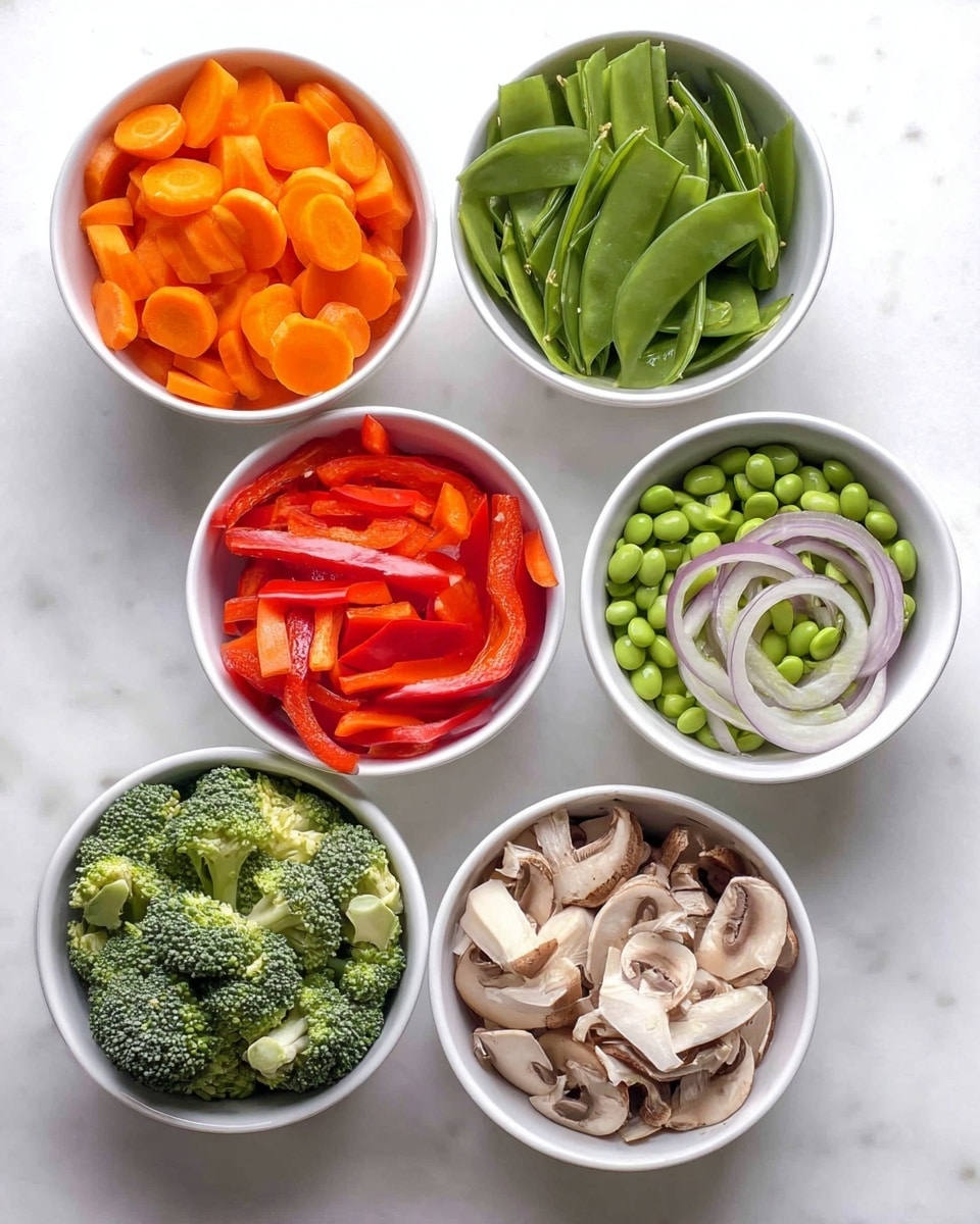 There are seven white bowls arranged on a white marbled surface. Starting from the top center and moving clockwise, the first bowl holds bright orange carrot slices that look smooth and soft. To the right is a bowl filled with small, round green soybeans. Next, a bowl with fresh snow peas, showing their shiny smooth green pods. Below that is a bowl filled with green broccoli florets, showing a rough texture with many tiny buds. To the left of the broccoli is a bowl with thinly sliced onions, a mix of white and light purple, which look soft and curved. Above the onions is a bowl with sliced red bell peppers, smooth and bright. In the center is a bowl with sliced mushrooms, light to medium brown with a soft texture and white undersides showing. All bowls are clean and neatly filled, the photo taken with an iphone --ar 4:5 --v 7