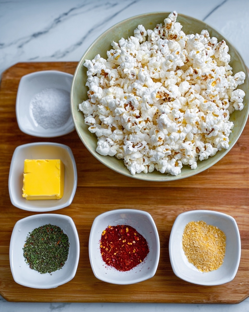 A large white bowl filled with white popcorn with some brown spots sits on a wooden board. Around the bowl, there are seven small white dishes arranged in two rows: the top row has one dish with white salt and another with a thick yellow block of butter; the bottom row has five dishes, from left to right containing bright yellow lemon zest, deep red paprika powder, green dried herbs, light beige garlic powder, and red chili flakes. The wooden board rests on a white marbled surface. photo taken with an iphone --ar 4:5 --v 7
