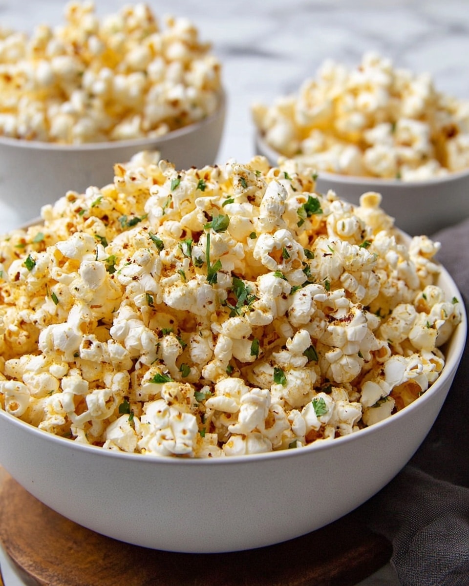 A large white bowl filled with three layers of light yellow popcorn, sprinkled with small pieces of green herbs and light brown seasoning throughout. The popcorn appears fluffy with some light browned spots, and the background is a white marbled texture. Next to the main bowl, there are smaller white bowls also filled with popcorn, creating a cozy and fresh look. Photo taken with an iphone --ar 4:5 --v 7