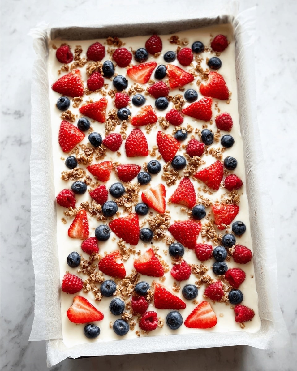 A rectangular white baking tray lined with parchment paper holds a creamy white layer that looks smooth and thick. On top, there are three types of berries scattered evenly: halved bright red strawberries, whole small round dark blue blueberries, and whole red raspberries. Small clusters of brown granola pieces are sprinkled around the berries, adding texture and contrast. The edges of the tray show the parchment paper gently folded upward, and the tray is placed on a white marbled surface. photo taken with an iphone --ar 4:5 --v 7