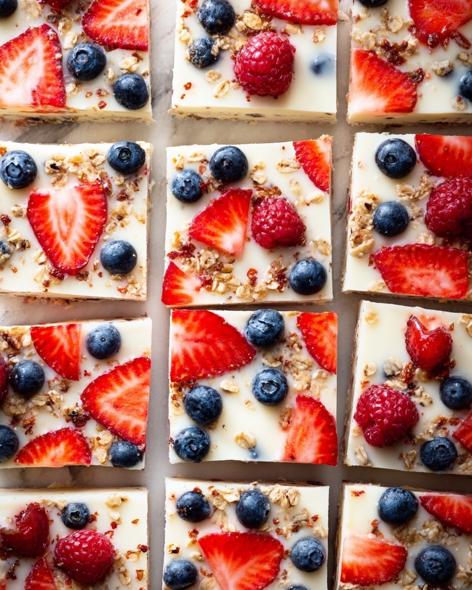 A set of 12 square bars arranged in a 3 by 4 grid on a white marbled surface, each bar having a smooth white creamy top layer covered with scattered slices of red strawberries, whole blue blueberries, whole red raspberries, and small clusters of light brown granola pieces. The fruit pieces are mixed evenly across the bars, with the strawberries mostly sliced into thin wedges, the blueberries small and round, and the raspberries whole and plump. The granola is sprinkled unevenly, adding a crunchy texture contrast to the smooth cream and fresh fruit. The bars are neatly cut but still together with clear sharp edges. photo taken with an iphone --ar 4:5 --v 7