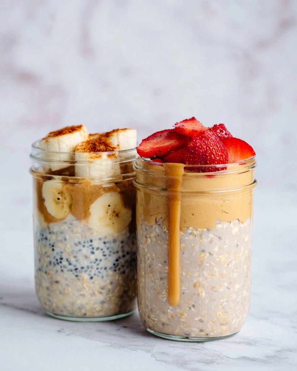 There are two clear glass jars with layered chia seed oats placed side by side on a white marbled surface. The jar on the left has three visible layers: the bottom layer is light beige oats with black chia seeds mixed in, the middle layer consists of banana slices pressed against the glass, and the top layer is a creamy mixture with cinnamon-dusted banana slices on top. The jar on the right has four visible layers: the bottom layer is light beige oats with chia seeds, above it is a smooth, thick light brown peanut butter layer, then another layer of oats with chia seeds, and the jar is topped with several thin slices of bright red strawberries and a small drip of peanut butter running down the side. The background is softly blurred white marbled texture, photo taken with an iphone --ar 4:5 --v 7