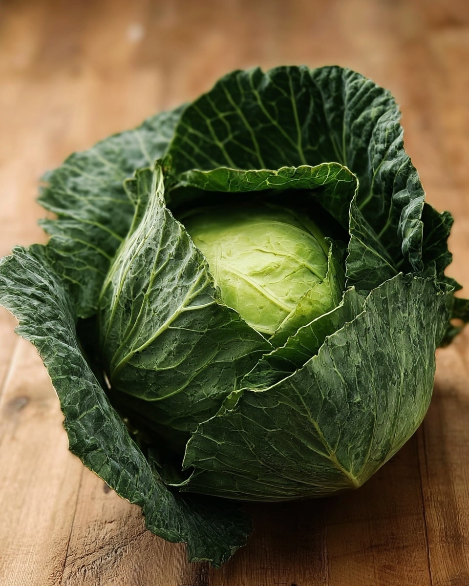 A fresh green cabbage with multiple layers of tightly wrapped leaves is shown resting on a light brown wooden surface. The outer leaves are dark green with visible veins and a rough texture, curling slightly outward to reveal the lighter green, smoother inner leaves that form a round, compact head at the center. The cabbage appears firm and slightly glossy under soft natural light, emphasizing the leafy texture and natural variations in green hues photo taken with an iphone --ar 4:5 --v 7