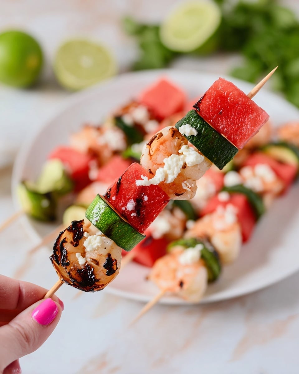 The image shows two skewers held by a woman's hand with pink nail polish, each skewer having five pieces topped with small bits of white cheese. The layers on the skewers alternate between a cube of bright red watermelon, a round slice of green zucchini with dark grill marks, and a piece of grilled shrimp with light pink and creamy white color. In the background, there is a white plate filled with more skewers resting on a white marbled surface, with lime halves and some green leaves adding fresh color to the scene. photo taken with an iphone --ar 4:5 --v 7