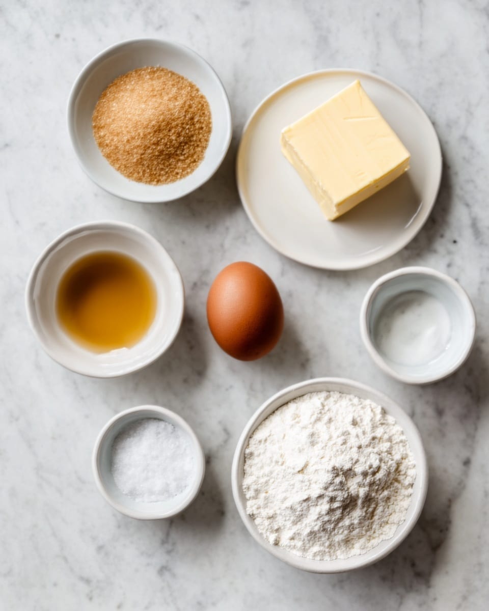 A white marbled surface holds six small white plates and bowls arranged loosely in a circle. Starting from the top right, there is a white plate with a square piece of pale yellow solid butter. To its left, a white bowl filled with light brown soft sugar. Below that, a small white bowl with translucent golden liquid. In the center, a single brown egg sits directly on the marbled surface. Below the egg, a small white bowl filled with coarse white salt. To the right of that is a white bowl filled with fine white flour. All items are placed with space between each on the white marbled background. Photo taken with an iphone --ar 4:5 --v 7