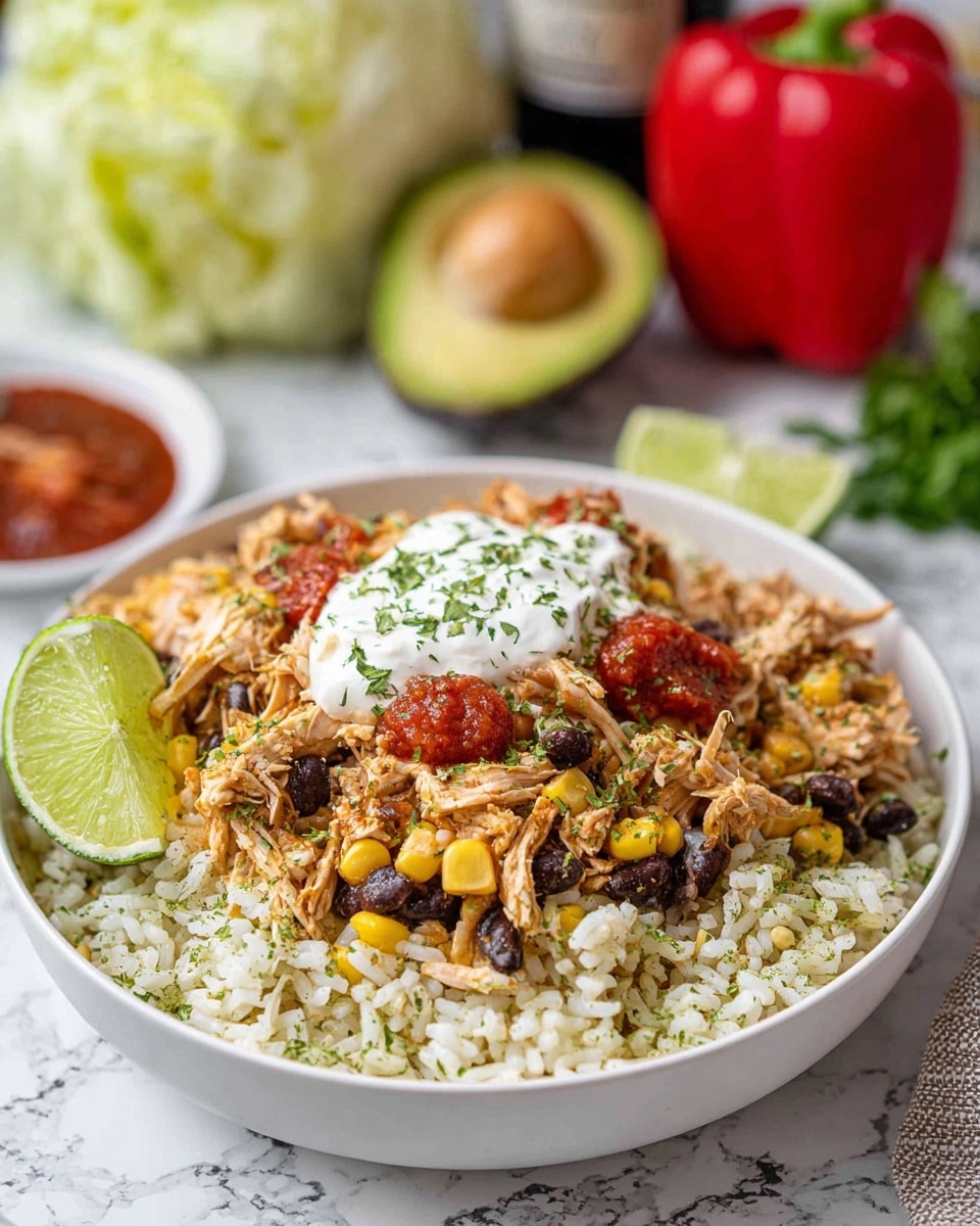 A white bowl filled with a base layer of cooked rice, topped with a layer of shredded chicken mixed with corn, black beans, and red bell peppers, adding a mix of yellow, black, and red colors with a slightly moist texture. On one side, three slices of fresh avocado with smooth green skin rest against the chicken. A dollop of white sour cream with a sprinkle of green herbs sits on top near the edge. The bowl is placed on a white marbled surface with a soft-focus background that includes a bowl of red salsa. Photo taken with an iphone --ar 4:5 --v 7