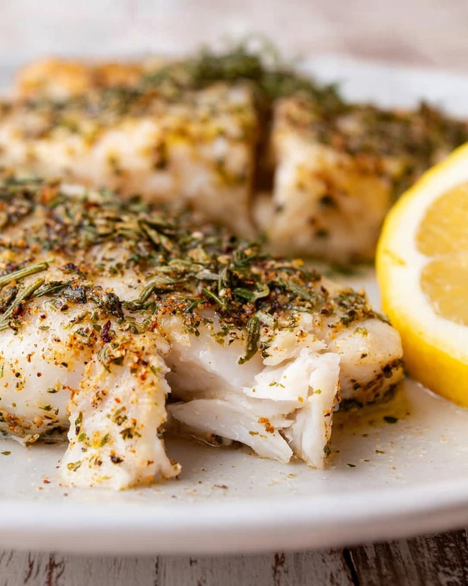 A close-up of cooked white fish fillets on a white plate with a white marbled surface underneath, showing two fillets seasoned with dried green herbs and small spices spread over the top. One fillet is slightly broken to reveal flaky, tender white fish inside, while a bright yellow lemon slice is placed next to the fillets on the right side of the plate. The fillets have a light golden brown color in some parts, highlighting the cooked texture. Photo taken with an iphone --ar 4:5 --v 7