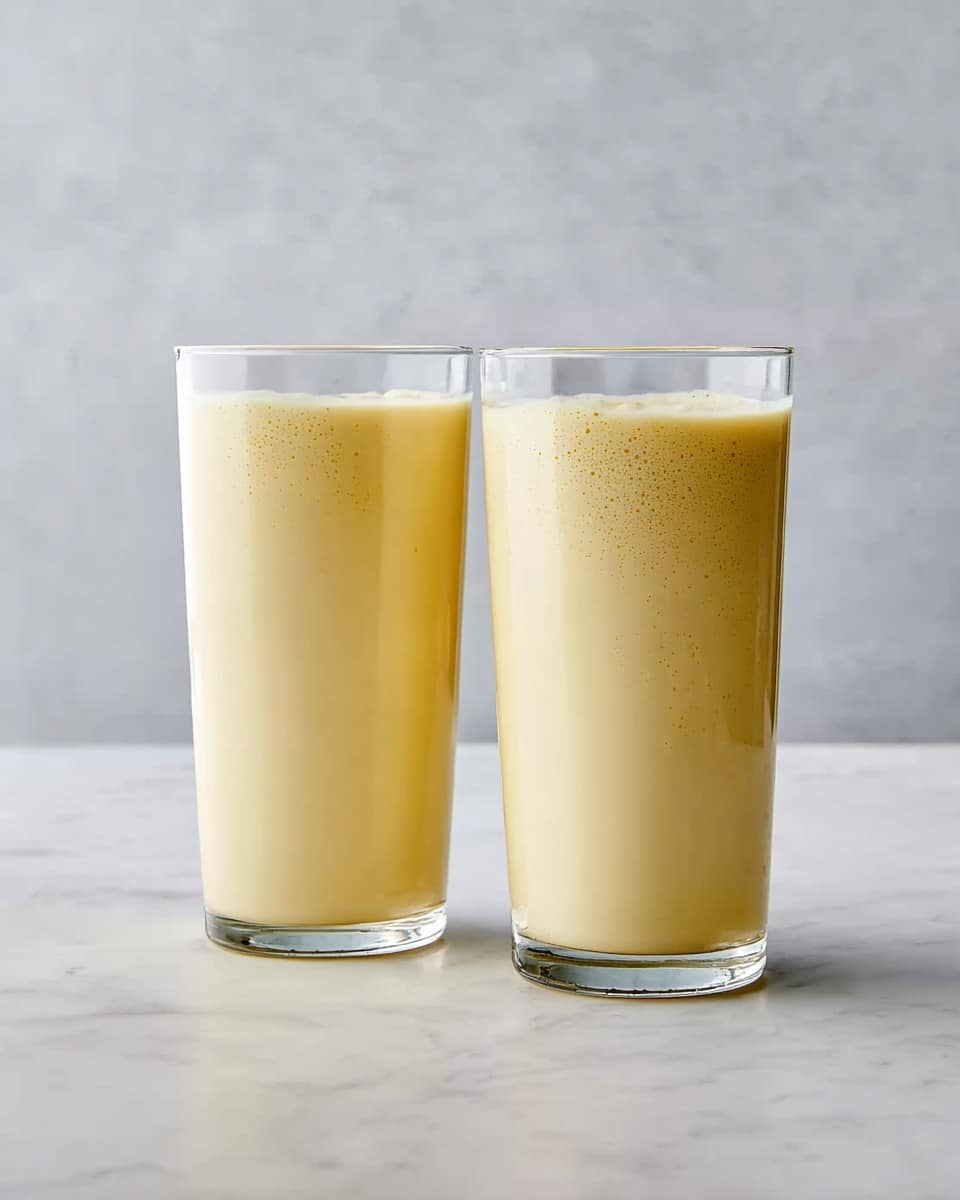 Two tall clear glasses stand side by side on a white marbled surface. Each glass is filled nearly to the top with a smooth, creamy pale yellow drink. The drink has a slightly foamy texture on the surface, with one glass showing a bit more froth than the other. The background is a softly lit light gray wall, adding a simple and clean look. photo taken with an iphone --ar 4:5 --v 7