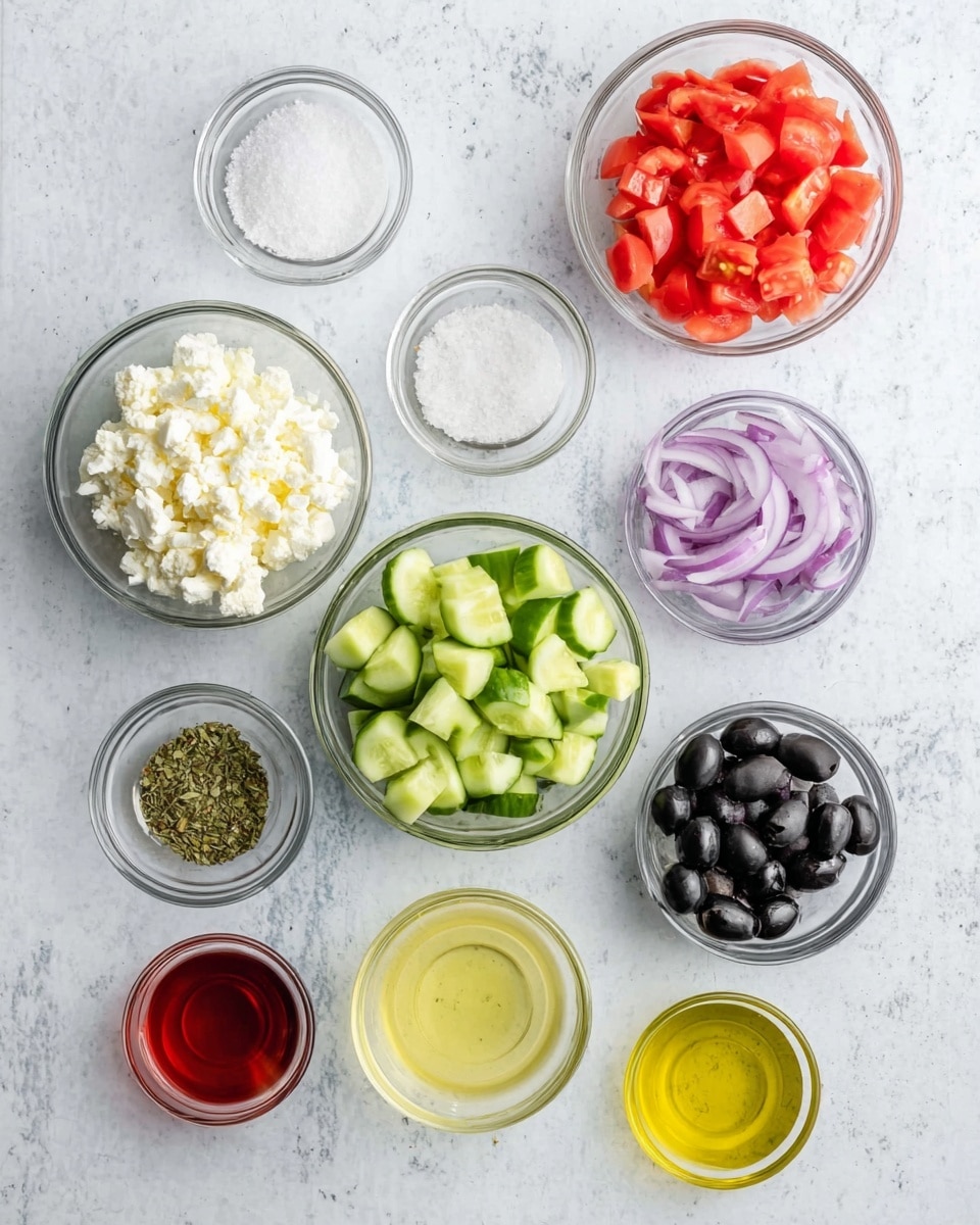 The image shows nine small clear glass bowls placed on a white marbled surface. Each bowl contains a different ingredient: the top left bowl has coarse salt, next to it on the right is a bowl of white crumbled cheese, followed by a bowl of diced red tomatoes on the top right. Below the salt is a bowl with thin slices of purple onion, in the center is a bowl filled with chopped green cucumbers, and to the right is a small bowl of dried herbs. Under the onion bowl is a small bowl filled with light yellow liquid, likely lemon juice, and to the right of that is a bowl with sliced black olives. At the bottom left is a bowl containing red liquid, probably vinegar, and at the very bottom right is a bowl with golden olive oil. Photo taken with an iphone --ar 4:5 --v 7