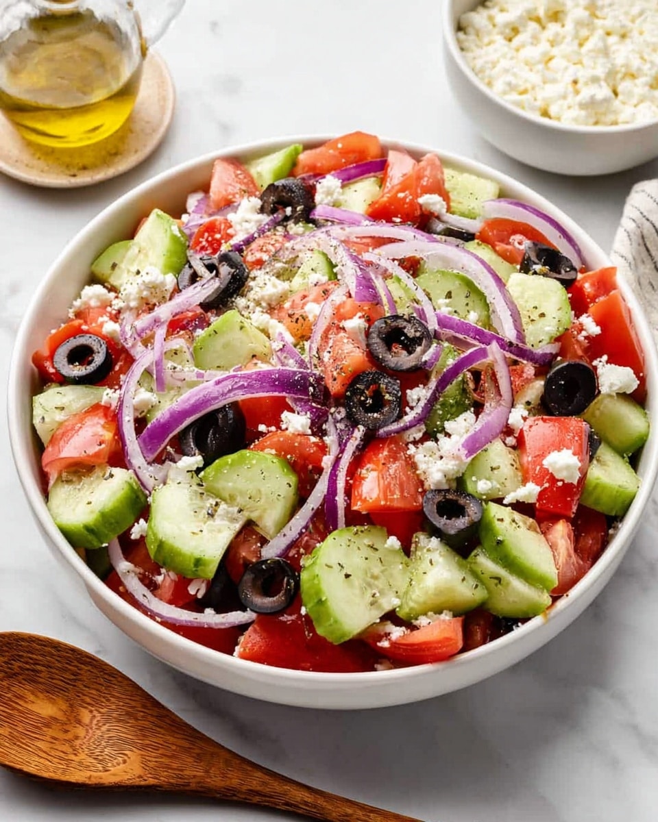 A white bowl filled with a fresh salad showing three main layers: the bottom layer is light green cucumber pieces with a smooth texture, the middle layer is bright red tomato chunks and black olive slices scattered evenly, and the top layer is thin purple rings of red onion with white crumbled cheese sprinkled across all layers. The salad is lightly sprinkled with black pepper. The bowl sits on a white marbled surface, with a wooden spoon and a small white bowl of extra crumbled cheese nearby. Photo taken with an iphone --ar 4:5 --v 7