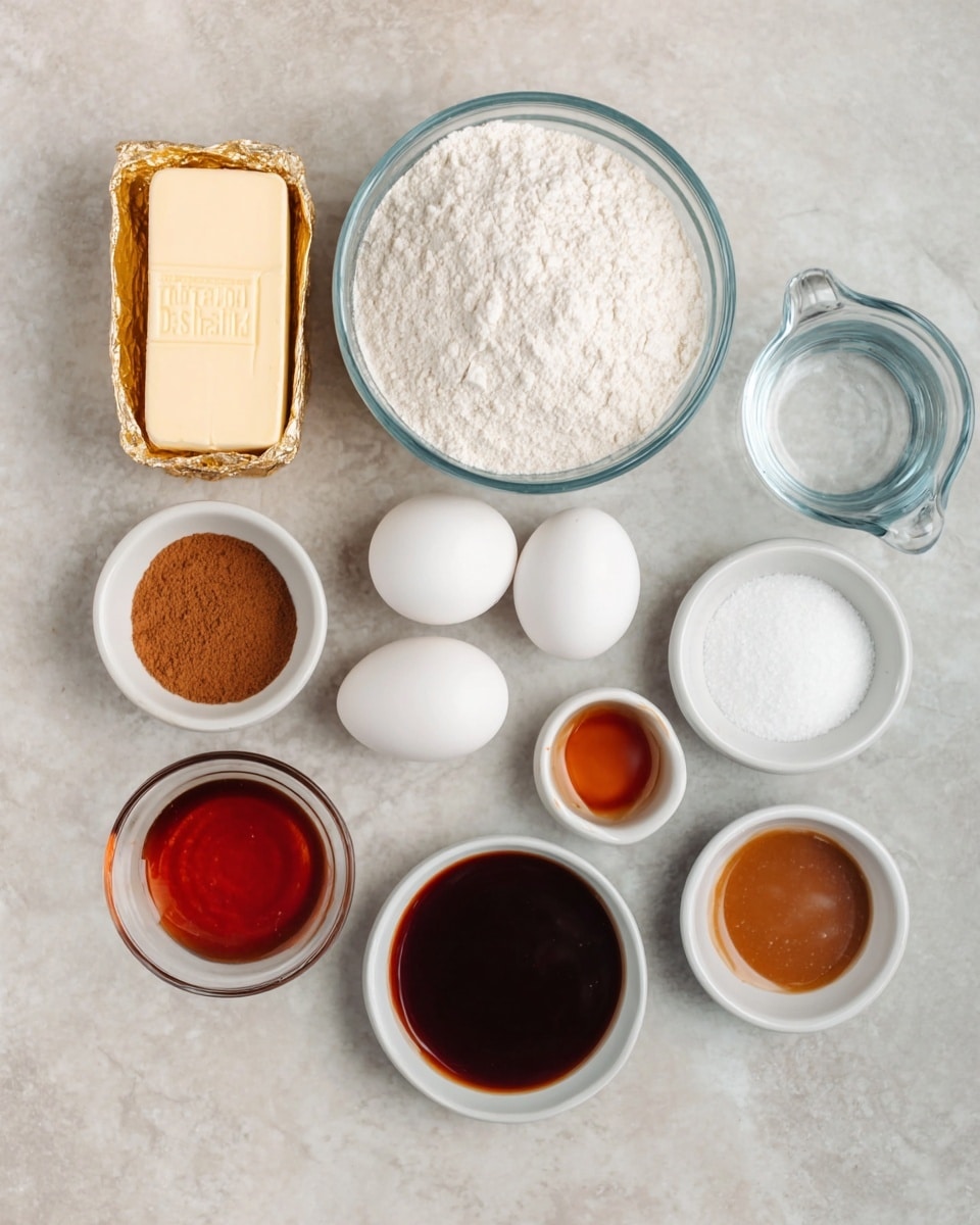 A flat lay image features nine baking ingredients arranged on a white marbled surface. Starting from the top-left, there is a wrapped block of butter with a gold paper wrapper. Below it, a clear glass bowl is filled with white flour. To the right of the flour, a clear glass measuring cup contains water. Below the flour bowl, there are two white eggs placed side by side. Next to the eggs and slightly above, a small wooden bowl holds ground cinnamon. Below the cinnamon, a small white bowl contains a reddish-brown liquid vanilla extract. To the right of vanilla, another small white bowl holds caramel-colored liquid. At the top right, a small white bowl is filled with a dark brown chocolate sauce. Another small white bowl to the right of the flour bowl contains white granulated sugar. photo taken with an iphone --ar 4:5 --v 7