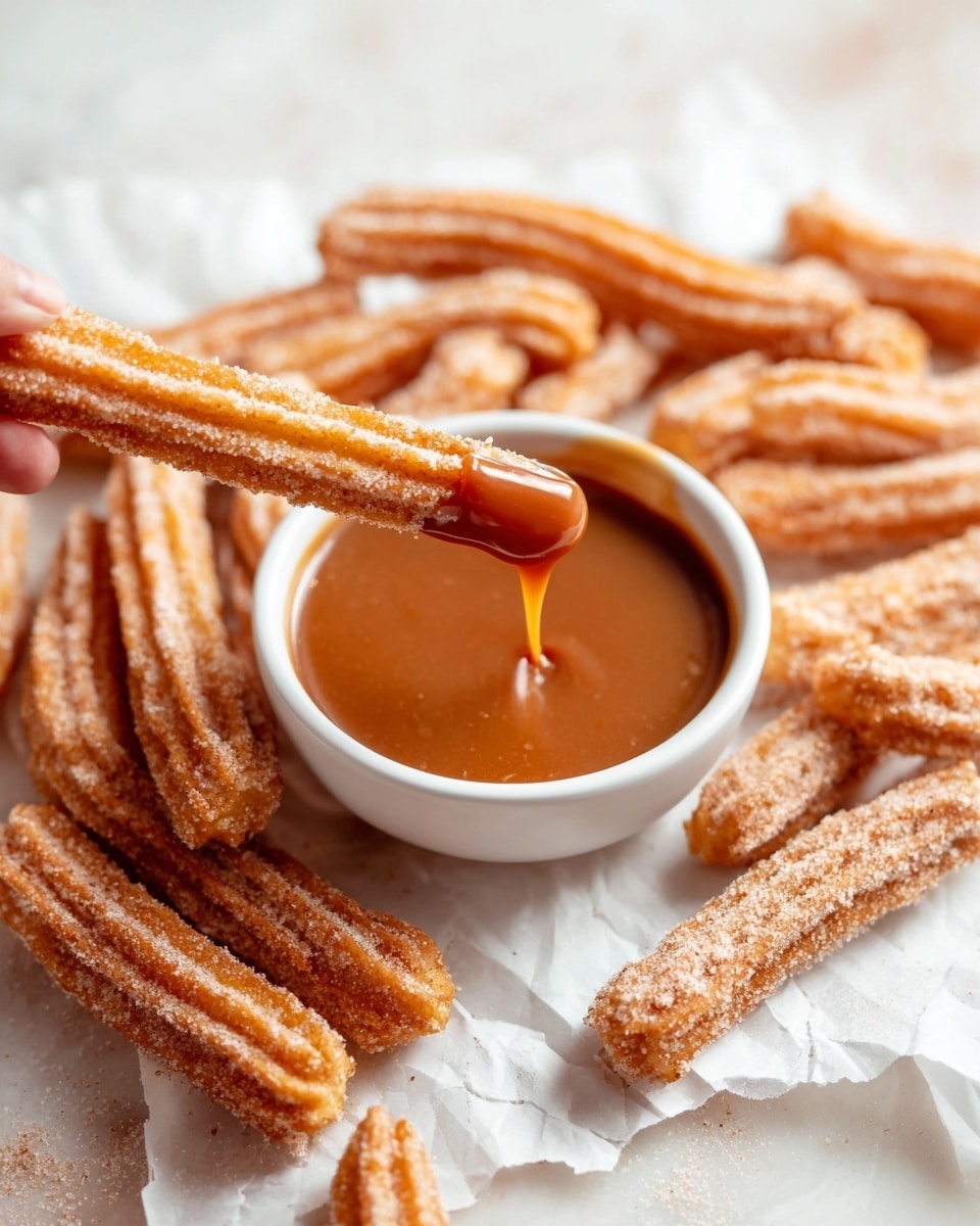 A white bowl filled with smooth, shiny caramel sauce sits in the center on a white marbled surface, surrounded by many churros. The churros are light brown and coated with sugar, showing a ridged texture. One churro is held by a woman’s hand, dipped halfway into the caramel, with a thick drip of caramel falling back into the bowl. The churros are arranged loosely around the bowl on a white paper underneath. The image has a bright, clean look with soft light and a close-up view. photo taken with an iphone --ar 4:5 --v 7