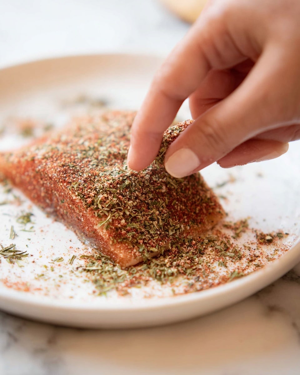 A close-up view of a thick piece of fish covered in a dry spice mix made of red and green herbs, sitting on a white plate with some spices scattered around it. A woman's hand is pressing down on the fish, adding more of the seasoning. The background shows another white plate on a white marbled surface, keeping the focus on the textured spices and the fish's surface. Photo taken with an iphone --ar 4:5 --v 7