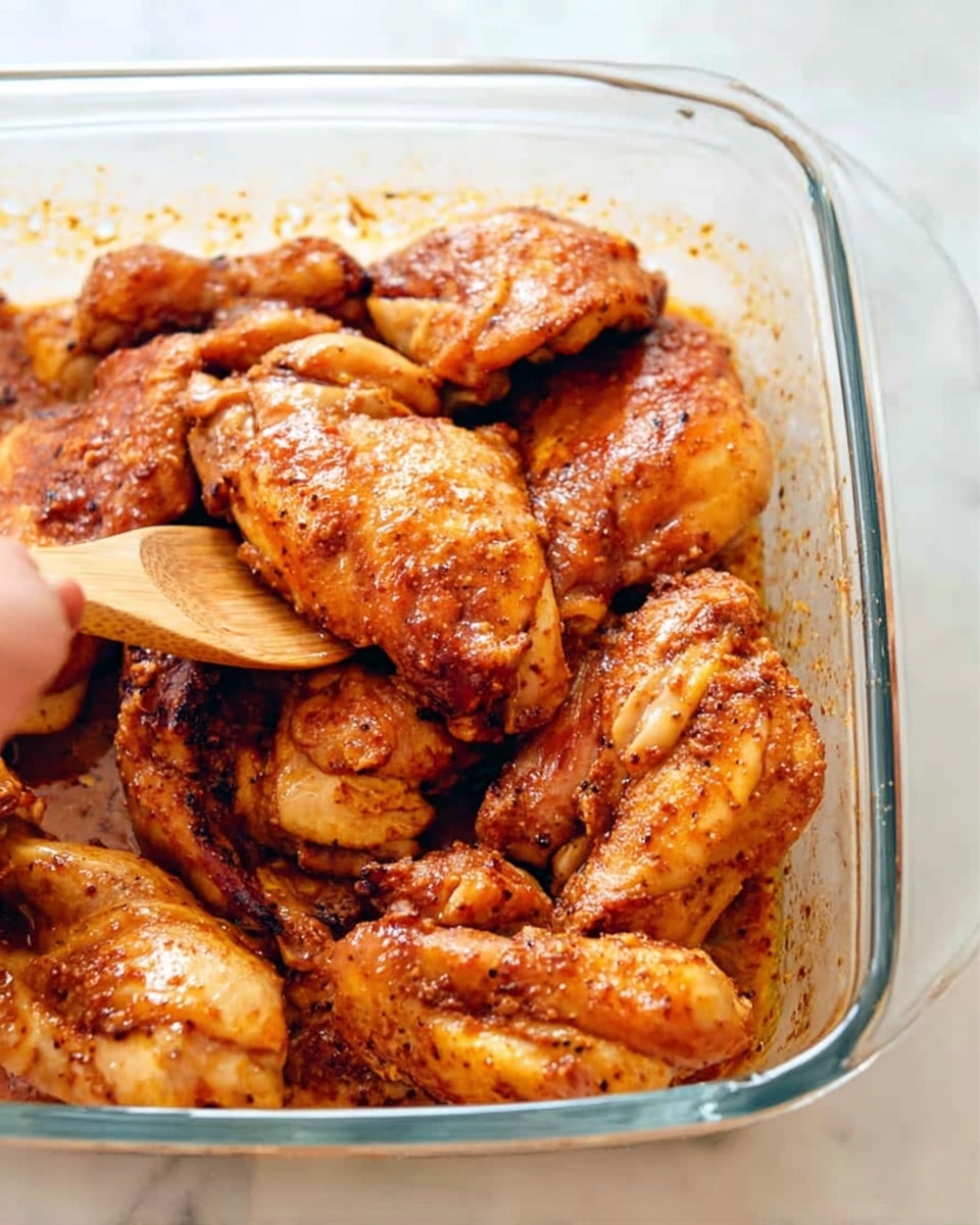 The image shows a close-up of several pieces of cooked chicken thighs placed tightly in a clear glass white dish. The chicken has a golden-brown color with a shiny, slightly oily surface and visible seasoning specks all over. The texture looks soft and cooked through, with some pieces showing curved shapes of the meat. A woman's hand with a wooden spoon is stirring or moving the chicken from the side. The dish is set on a white marbled surface. photo taken with an iphone --ar 4:5 --v 7