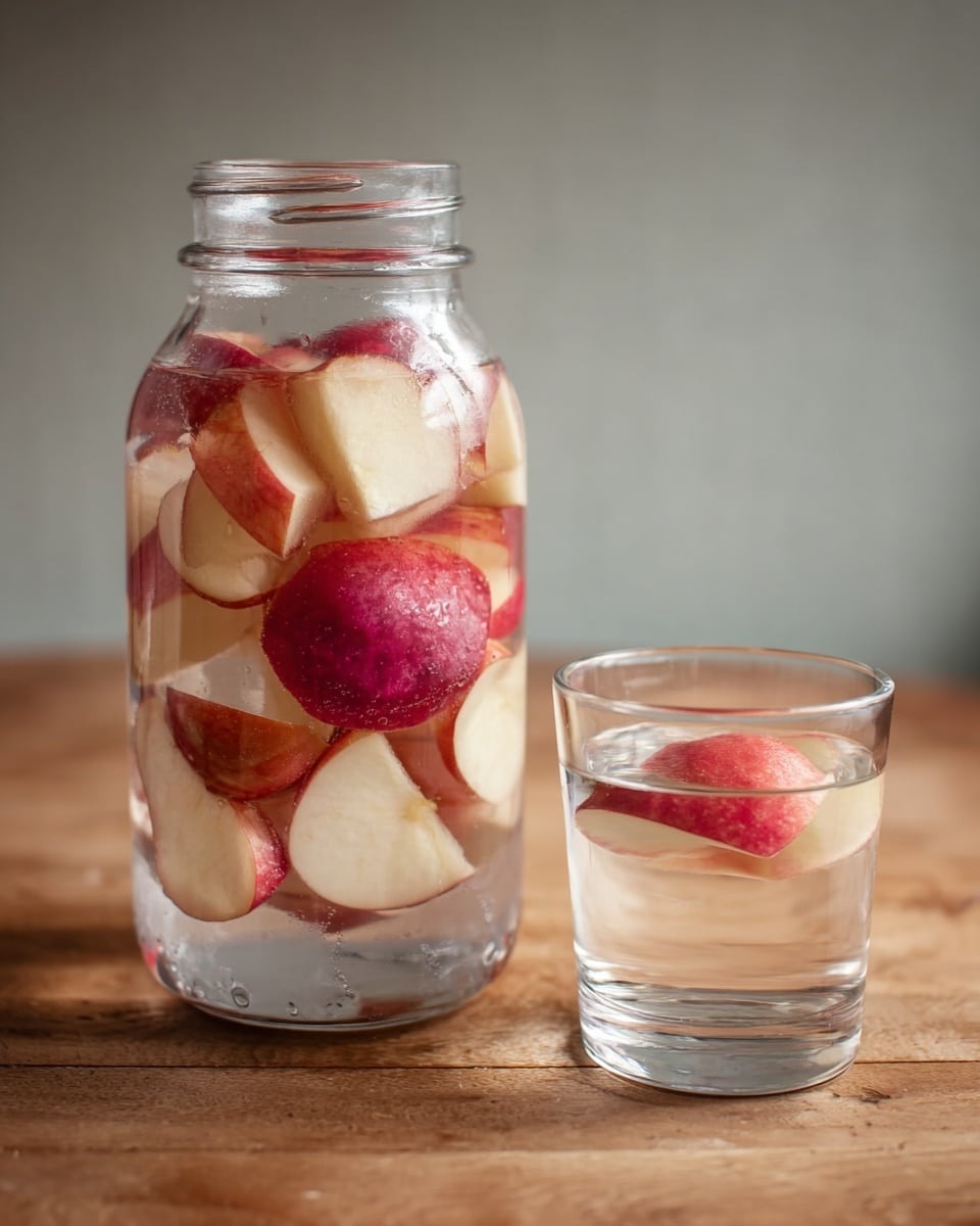 The image shows a clear glass jar filled with water and many pieces of red apple slices floating inside, some near the top and some settled at the bottom. Next to the jar is a small clear glass cup also filled with water, with a red apple slice resting on the rim. Both the jar and the glass cup are placed on a wooden surface, and the background is simple and smooth, with soft light creating a calm mood. The textures of the apple slices are clear, showing their shiny red skin and pale inside. Photo taken with an iphone --ar 4:5 --v 7