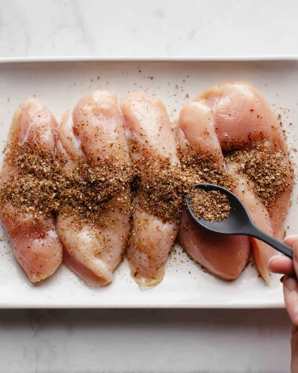 A white rectangular plate holds four large raw chicken fillets spread out evenly, each fillet pale pink with a smooth texture. A woman's hand is seen from the right side holding a black spoon, sprinkling a dark brown seasoning mix generously over the fillets, with some of the seasoning already settled on the chicken, creating a speckled effect. The plate is placed on a white marbled surface that adds a clean and bright background to the scene. photo taken with an iphone --ar 4:5 --v 7