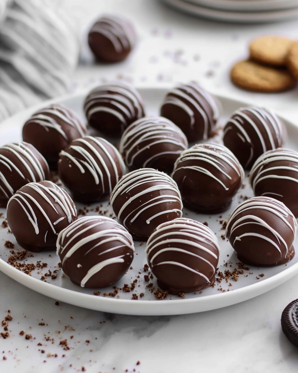 On a white plate, there are about fifteen round chocolate balls arranged neatly in rows. Each ball has a smooth, dark brown chocolate shell and is decorated with thin white chocolate lines running across the top in a striped pattern. The surface of the plate has small crumbs scattered around, adding texture to the scene. The setting is on a white marbled surface with soft natural light highlighting the shine on the chocolate balls. Nearby, pieces of chocolate and cookies are blurred in the background to add depth to the image. photo taken with an iphone --ar 4:5 --v 7