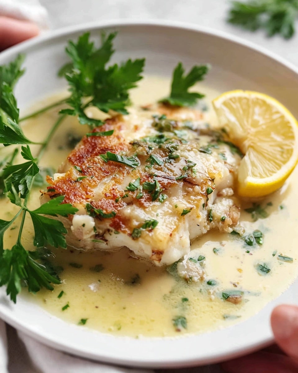 A close-up of a white plate with a piece of cooked fish as the main layer, showing a light golden-brown crispy texture on top with small chopped green herbs sprinkled all over. The fish rests in a creamy, pale yellow sauce that pools slightly around it. On the side, a bright yellow lemon wedge sits partly on the fish, adding a pop of color with its smooth, shiny texture and visible juice droplets. Green parsley leaves with a fresh, slightly ruffled texture surround the fish on the plate edges. The background has a white marbled texture, and a woman's hand is gently holding the plate from the side. Photo taken with an iphone --ar 4:5 --v 7