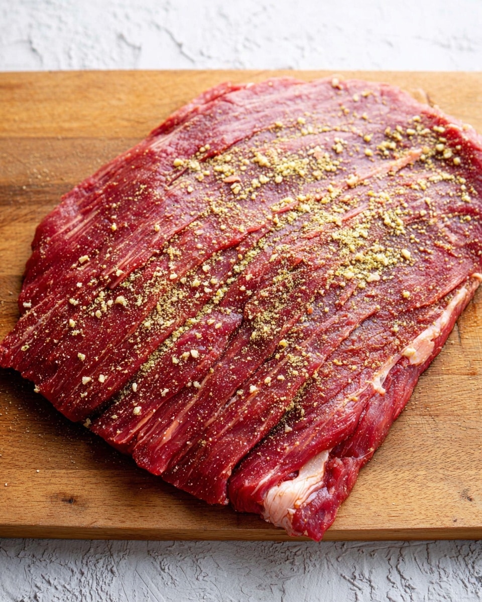 A large, raw red beef piece is laid flat on a light brown wooden board with fine vertical lines. The beef has a shiny, uneven surface with some white fat patches on the upper right side. It is sprinkled with rough textured yellowish garlic bits and black pepper specks on top. The wooden board is placed on a white marbled surface. photo taken with an iphone --ar 4:5 --v 7